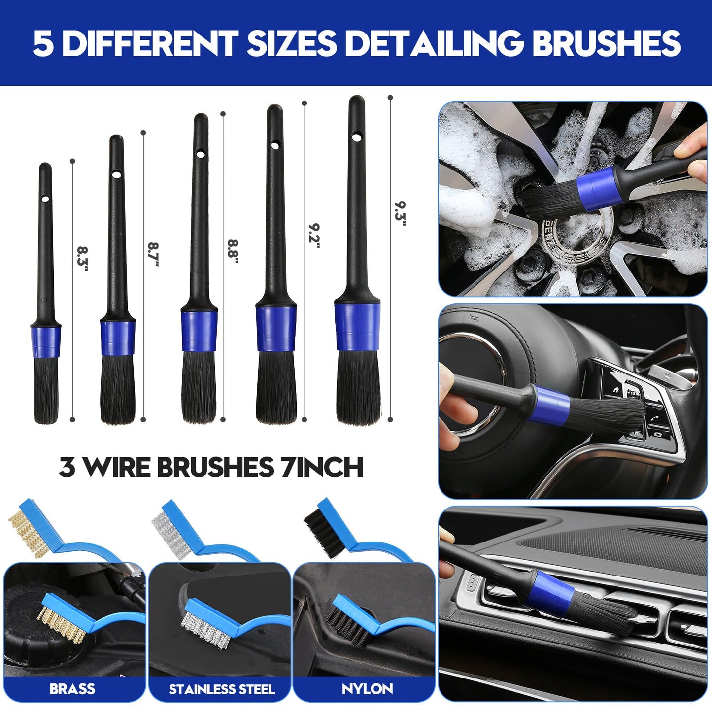 Qydipclin 45Pcs Car Detailing Kit, Car Detailing Brush Set, Car Wash Cleaning Kit, Car Detailing Brushes, Professional Car Care Kit for Interior Exterior Wheels, Blue