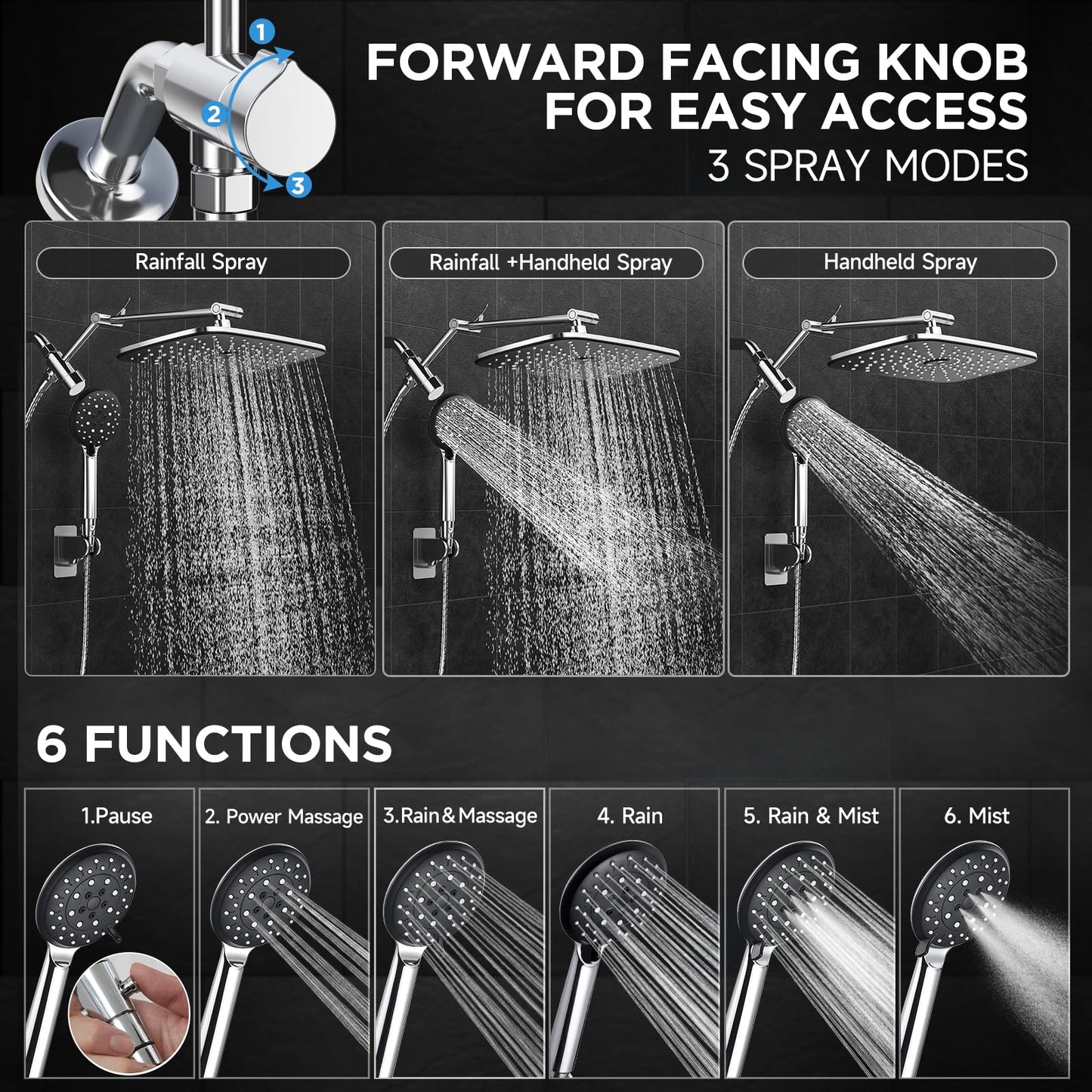 Veken Wide Rain Shower Head with 6 Modes Handheld Water Spray,High Pressure Showerhead Combo with Arm for Bathroom Accessories,Home Decor Adjustable Dual Shower with Anti-Clog Nozzles,Silver Chrome