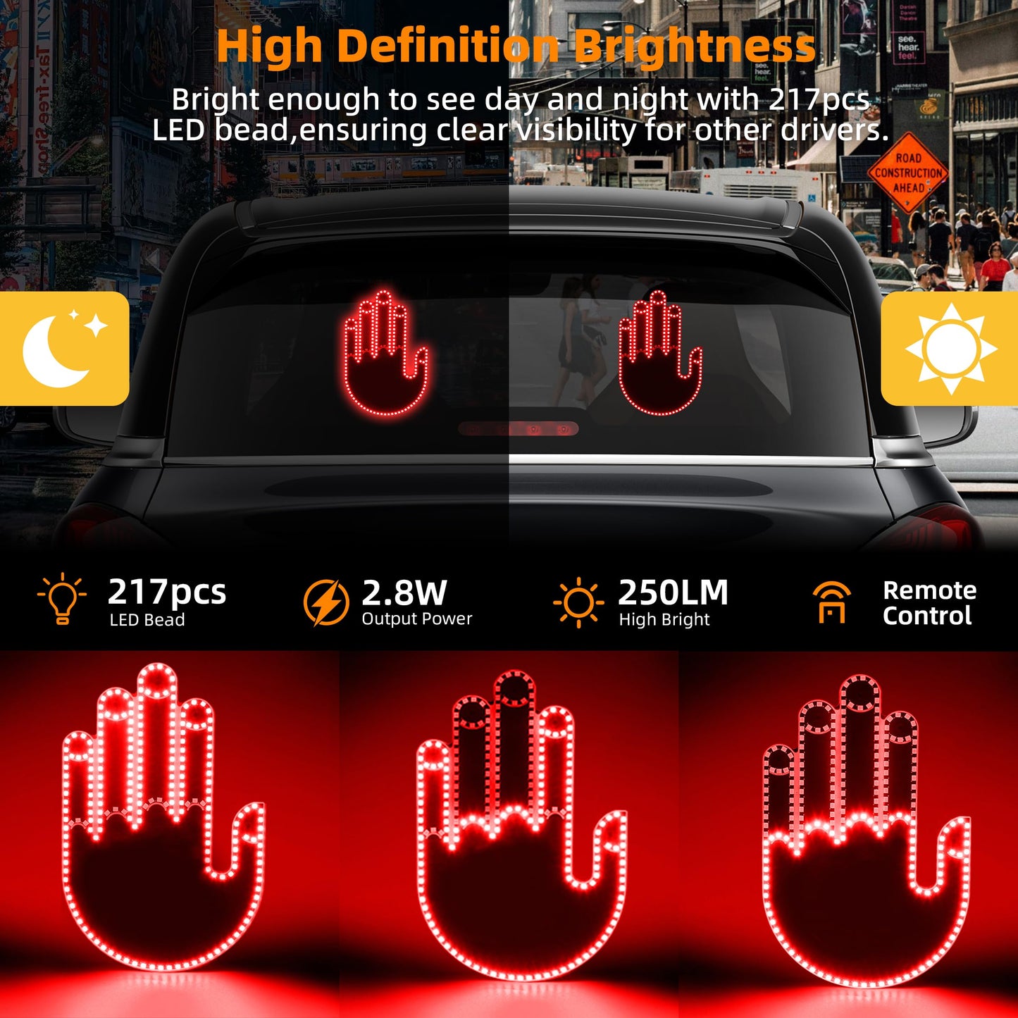 Hand Gesture Light for Car - 3 in 1 LED Finger Light with Remote Control | Back Window Sign for Drivers, Funny Car Accessories & Road Rage Gadgets (Red)