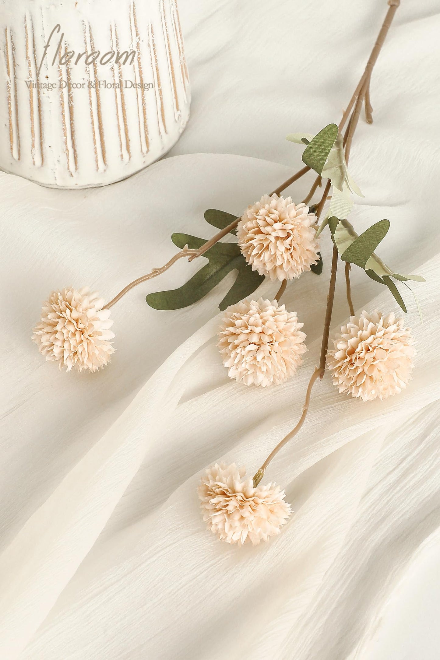 Floroom 5pcs Faux Silk Pompon Mum Artificial Flowers, Bulk Fake Mini Chrysanthemums with Stems for DIY Bouquet Centerpieces Wedding Fillers Champagne Arrangements Shower Decorations, Beige