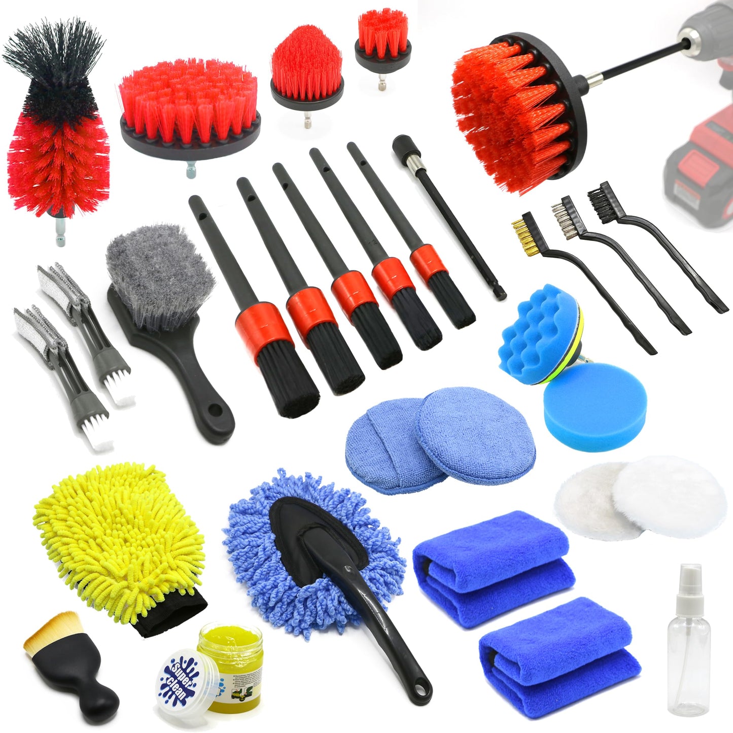 MIANYINGR 30Pcs Car Detaling Brush Set, Interior Car Cleaning Kit, Drill Brush Attachments for Cleaning, Auto Exterior Detail Brushes for Wheel Tire Windshield