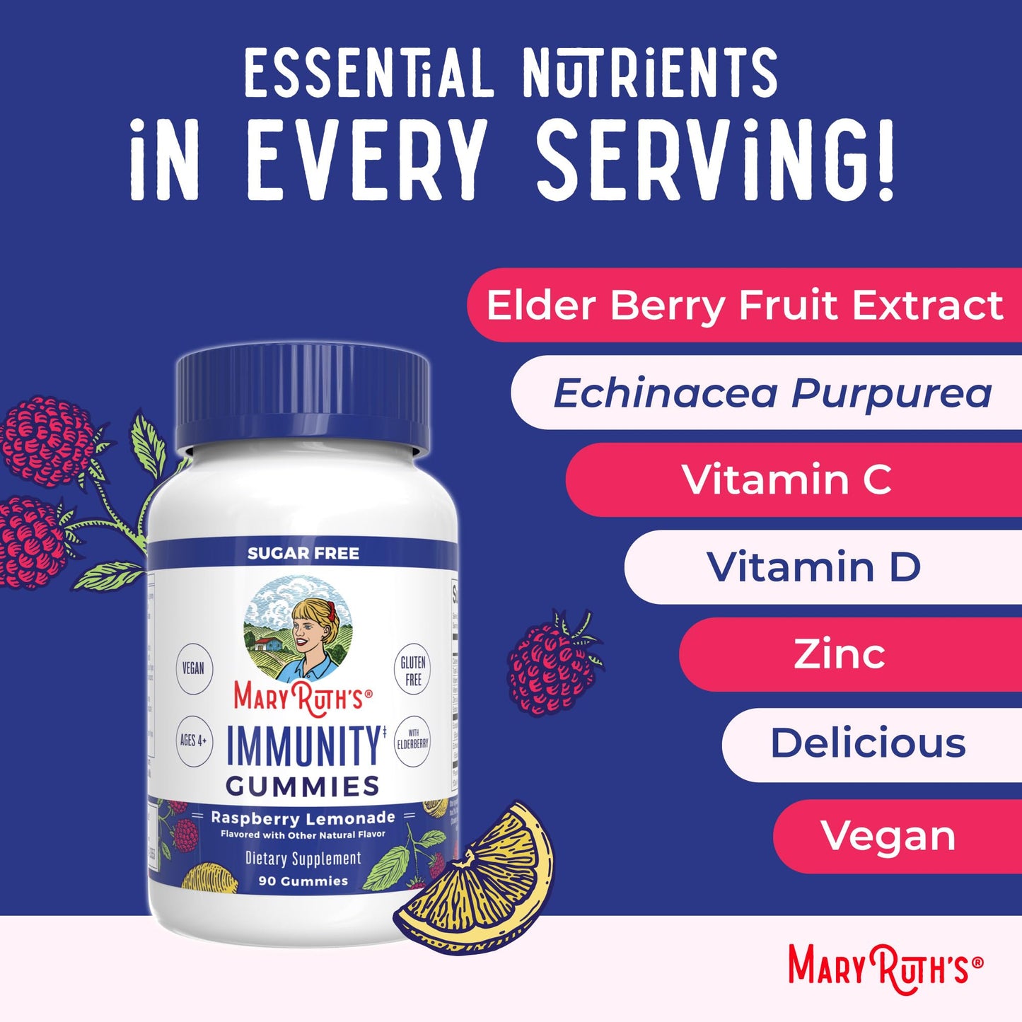 MaryRuth Organics Sugar Free Immunity Gummies | Powerful Blend | Elderberry Vitamin C & Zinc | Vitamin D3 & Echinacea | Immune Support Supplement | Gummies for Kids & Adults | Vegan | Non GMO | 90ct
