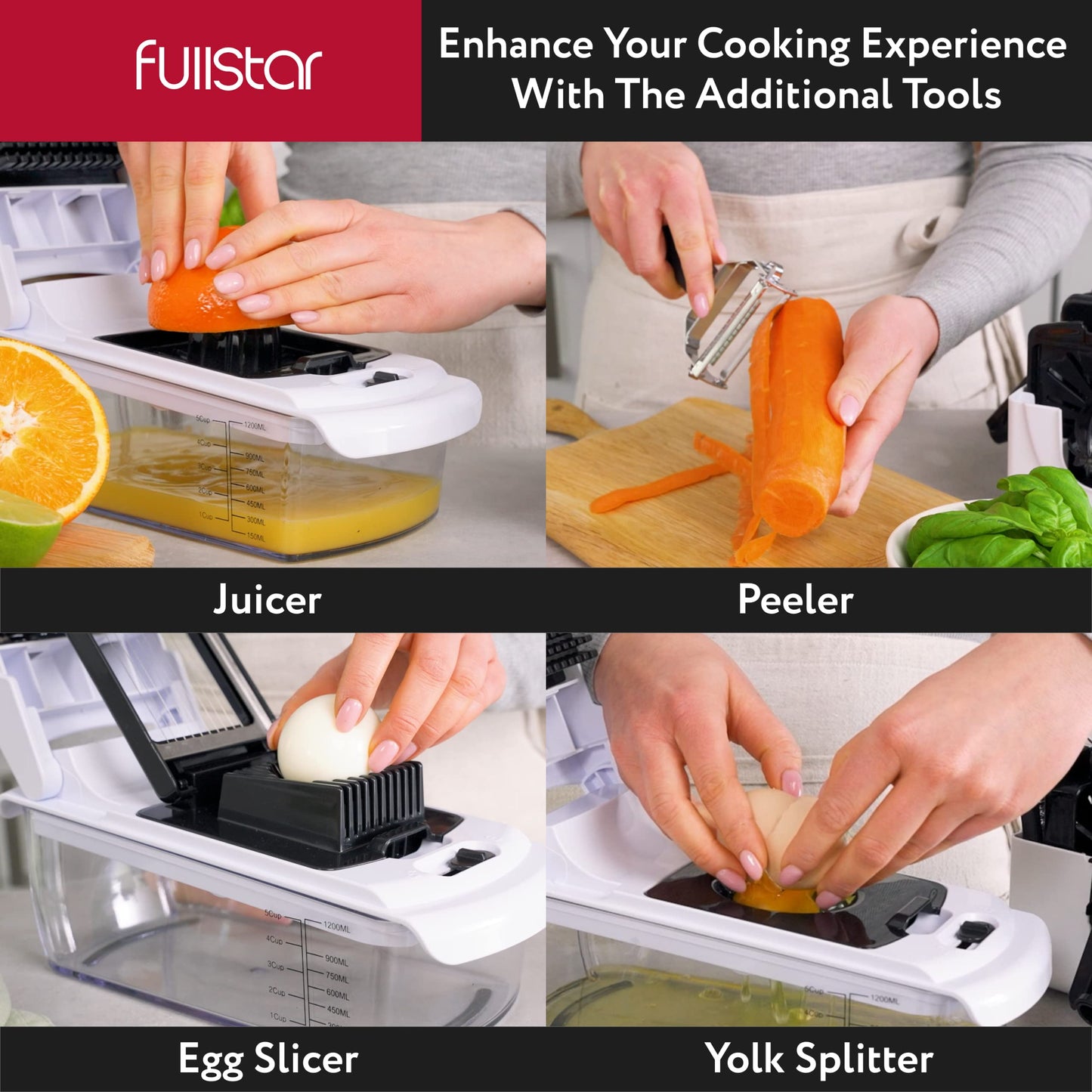 Fullstar Vegetable Chopper and Spiralizer - Food Chopper with Container, Fruit Slicer, Kitchen Gadgets & Accessories, Home Essentials (9 in 1, White)