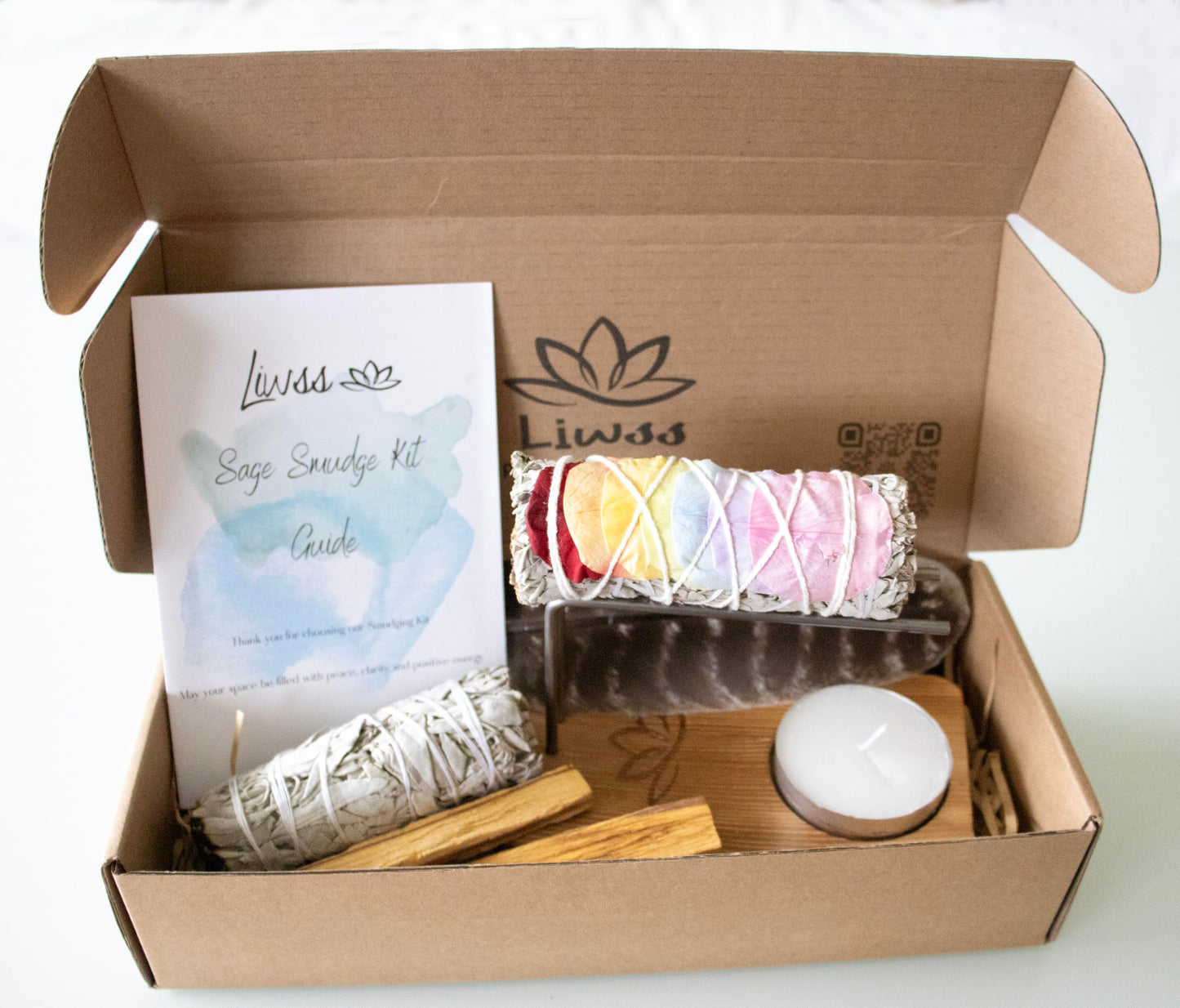 Sage Smudge Kit with White Sage and 7 Chakra Smudging Sticks, 2 Palo Santo, Natural Wood Holder Burner, Feather, Smudging Guide, Perfect Spiritual Cleansing Gift in Gift Box