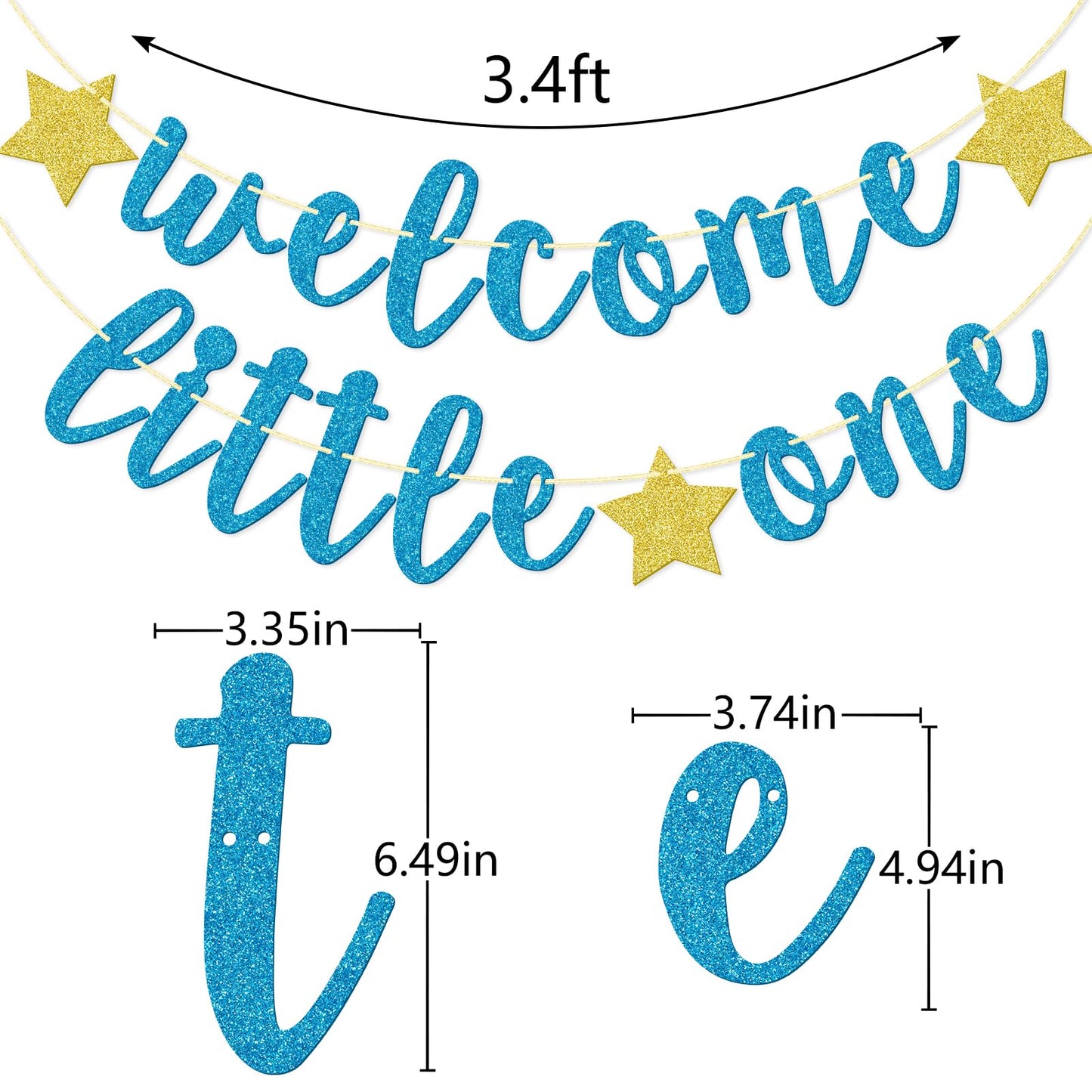 Welcome Little One Glitter Banner, Pre-strung Baby Shower Banner, Gender Reveal Party Decor (Blue)