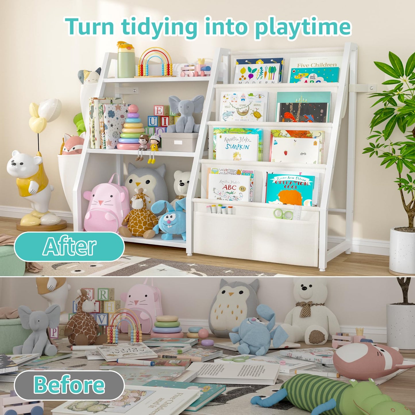 MEUIS Kids Bookshelf and Toy Storage - Toy Organizer with Book Shelf 3 Tier Floor Small Sling Bookcase Bedroom Nursery Kids Room Playroom, White