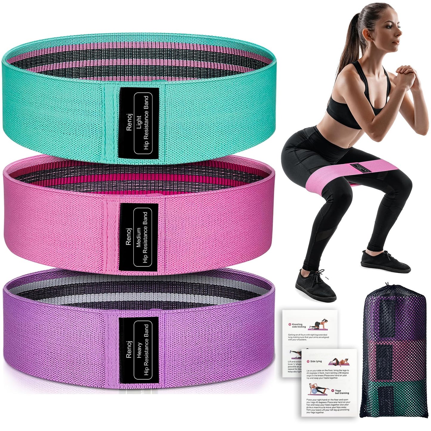 Renoj Resistance Bands, Exercise Workout Bands for Women and Men, 3 Set of Stretch Bands for Booty Legs for Yoga Starter, Pilates Flexbands