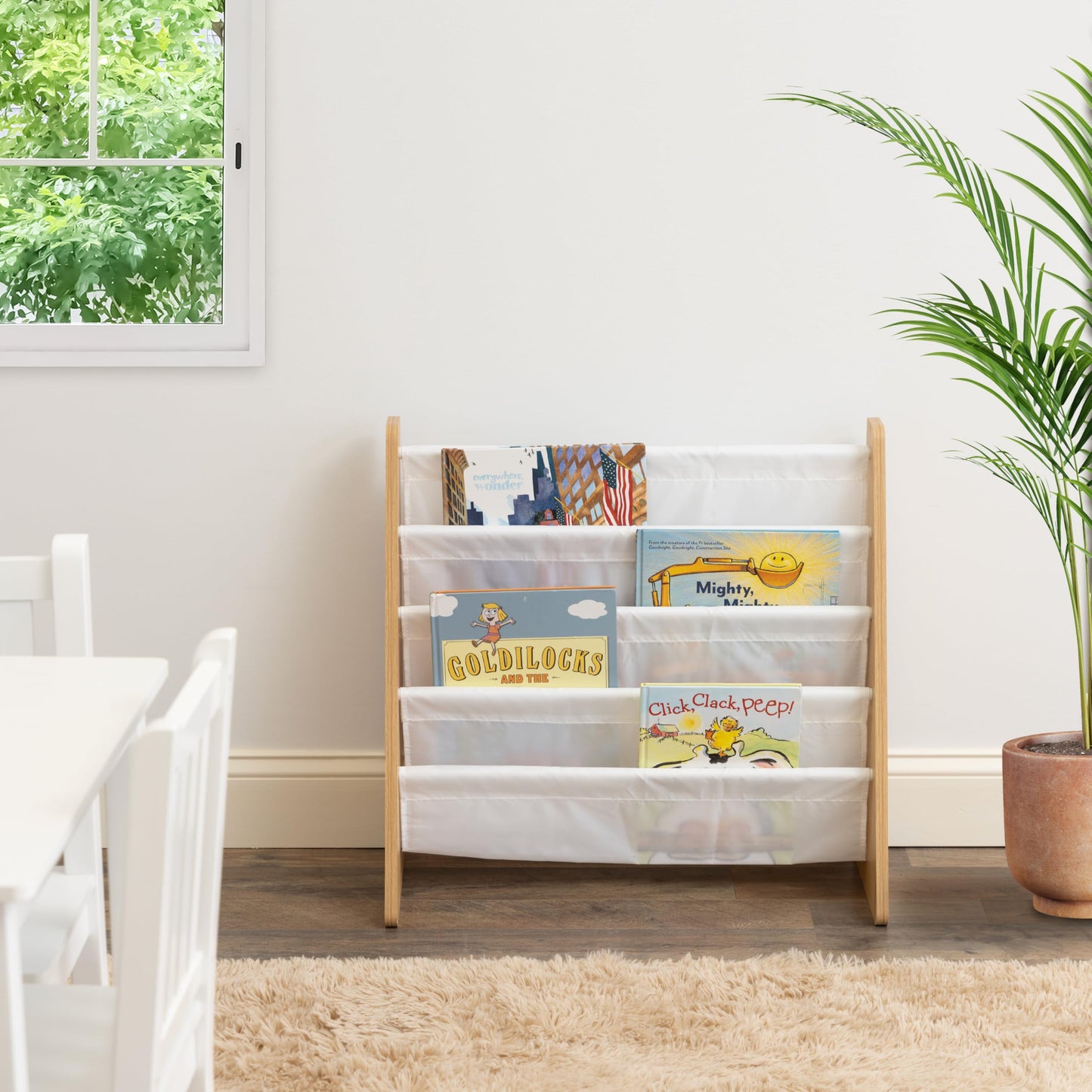 Humble Crew 4-Tier Kids Bookshelf, Natural Wood/White - Premium Book Shelf for Kids Rooms with Four Deep Pockets - Toddler Sling Book Rack with Deep Sleeves, Nursery Bookcase Organizer