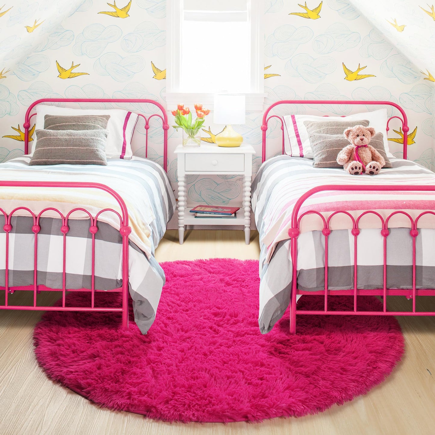 Hot Pink Round Rug 4Ft for Girls Bedroom, Fluffy Circle Area Rugs for Kids Room Decor Aesthetic, Shag Plush Fuzzy Furry Carpet for Living Room, Nursery, Dorm, Classroom, Teen, Cute Baby Barbie Rug