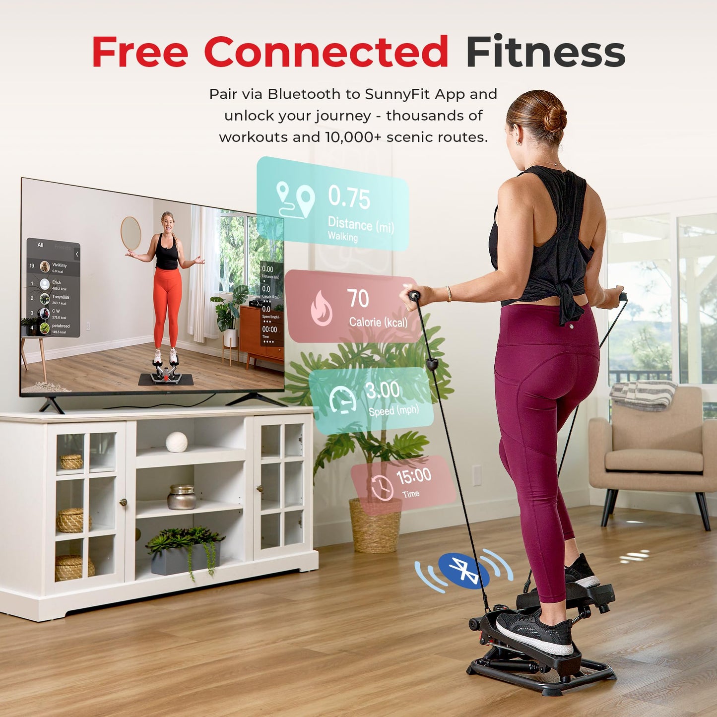 Sunny Health & Fitness Total Body Smart 2-in-1 Stepper Machine, Total Body Workout, Adjustable Hydraulic, LCD Monitor, Resistance Bands, Non-Slip Pedals with Smart SunnyFit App - SF-S0978Smart