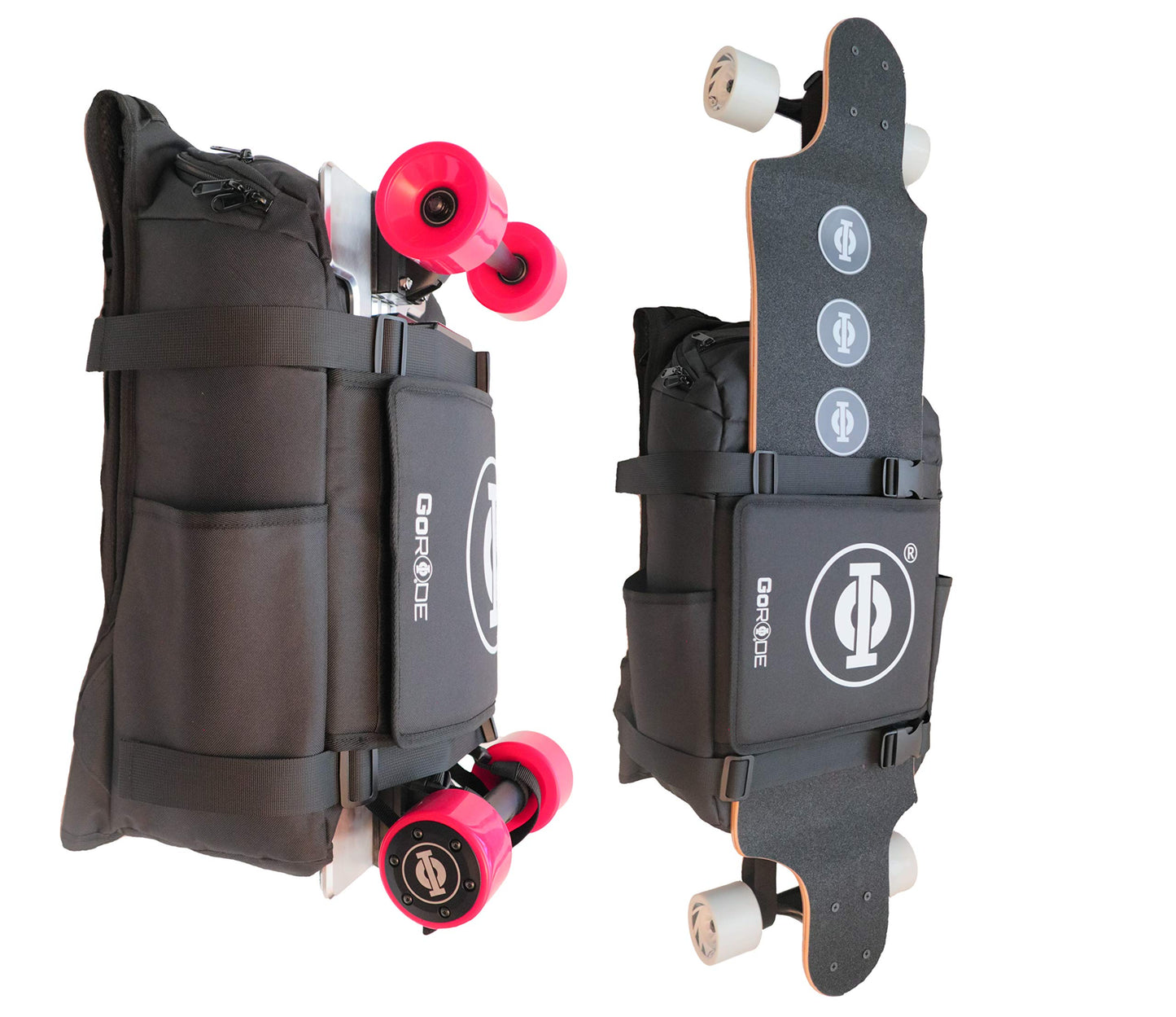 GoRide Electric Skateboard or Regular Skateboard Longboard Backpack Bag Carrier for Any Size Board with Laptop Case for Commuting, Work, or College Tech (Black)