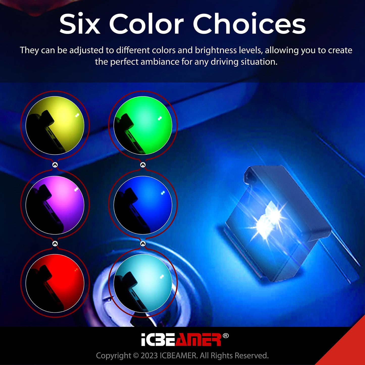 ICBEAMER 2 pcs Mini Smart USB Type-A | Color: Blue | LED Night Light for Car Interior, Trunk, Center Console. Easy Plug-in, Enhance Automotive Ambiance, Perfect for Night Use.