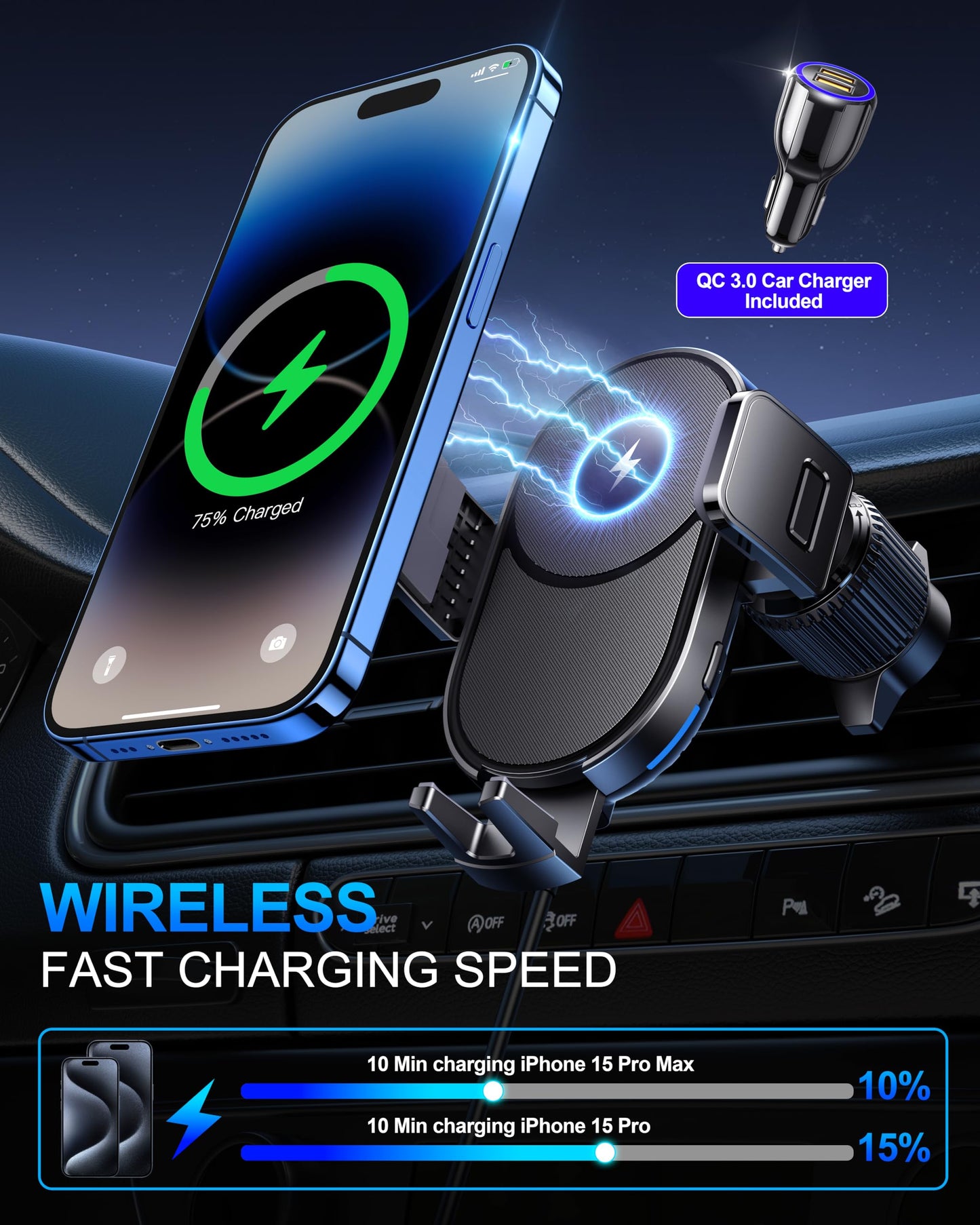 Wireless Car Charger, 15W Fast Charging Auto Clamping Car Phone Holder Wireless Charger Air Vent Car Phone Mount fit for iPhone 15 14 13 12 Mini Pro Max 11 XR XS X, Samsung Galaxy S23 S22 S21+