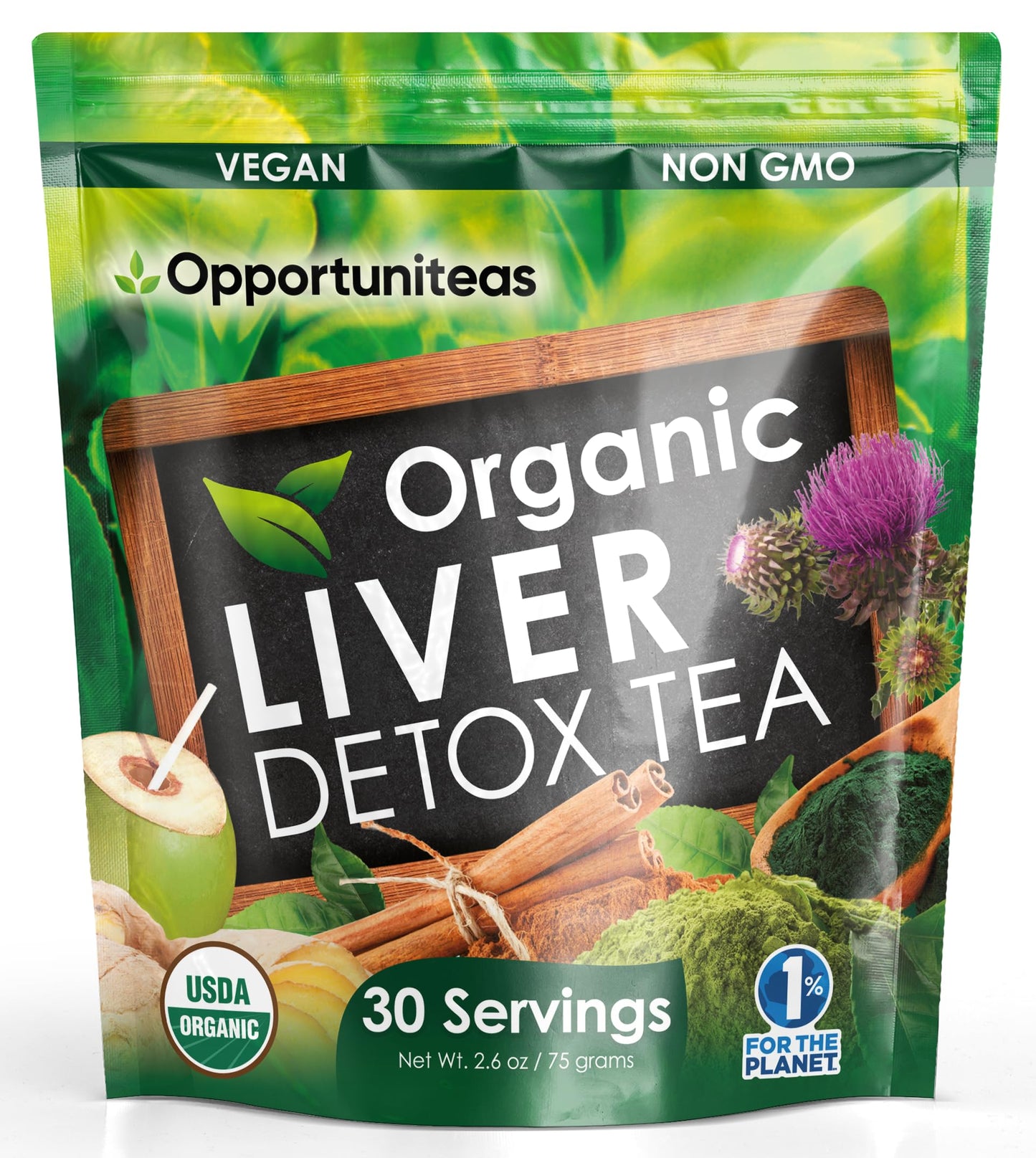 Opportuniteas Organic Liver Detox Tea Powder - Matcha Green Tea, Milk Thistle, Coconut Water, Spirulina, Ginger, & Cinnamon - Boost Energy, Feel Better - Liver Care Support Supplement, Vegan, Non GMO