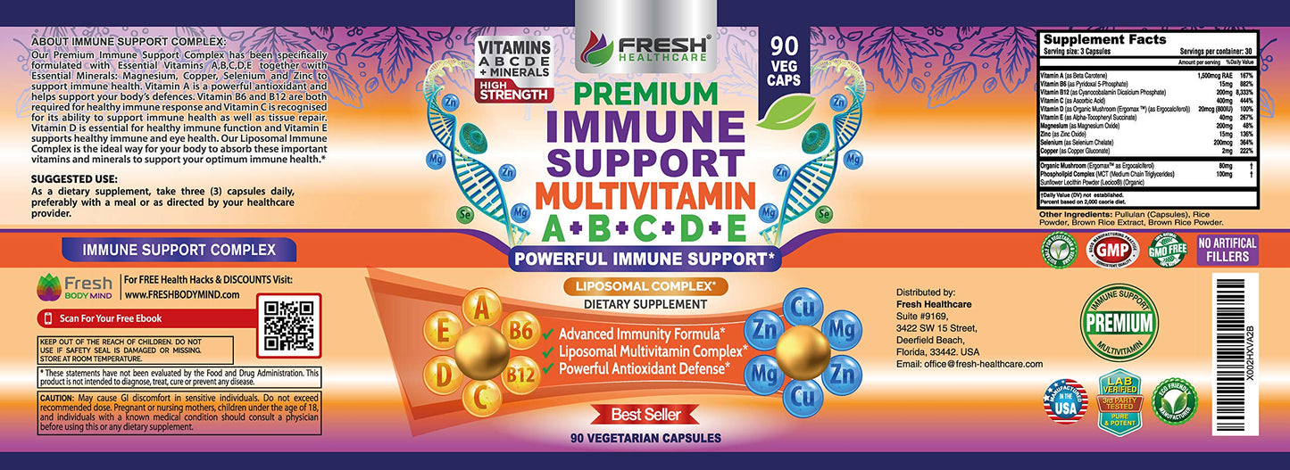 Immune Support Multivitamin for Men and Women with Vitamins A, B, C, D, E, B6, B12 - Zinc, Magnesium and Copper with Liposomal Complex for Enhanced Absorption - Daily Antioxidant Boost - 90 Vegan Caps