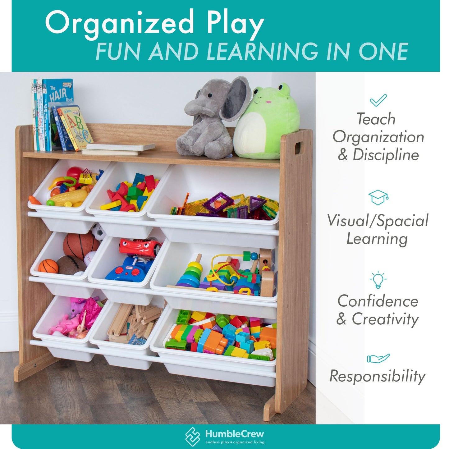 Humble Crew Toy Storage Organizer with Top Shelf and 9 Removable Bins, Natural/White – Toddler Bookshelf with Toy Organizer - Modern Toy Rack Ideal for Kids' Rooms, Playrooms, and Nurseries