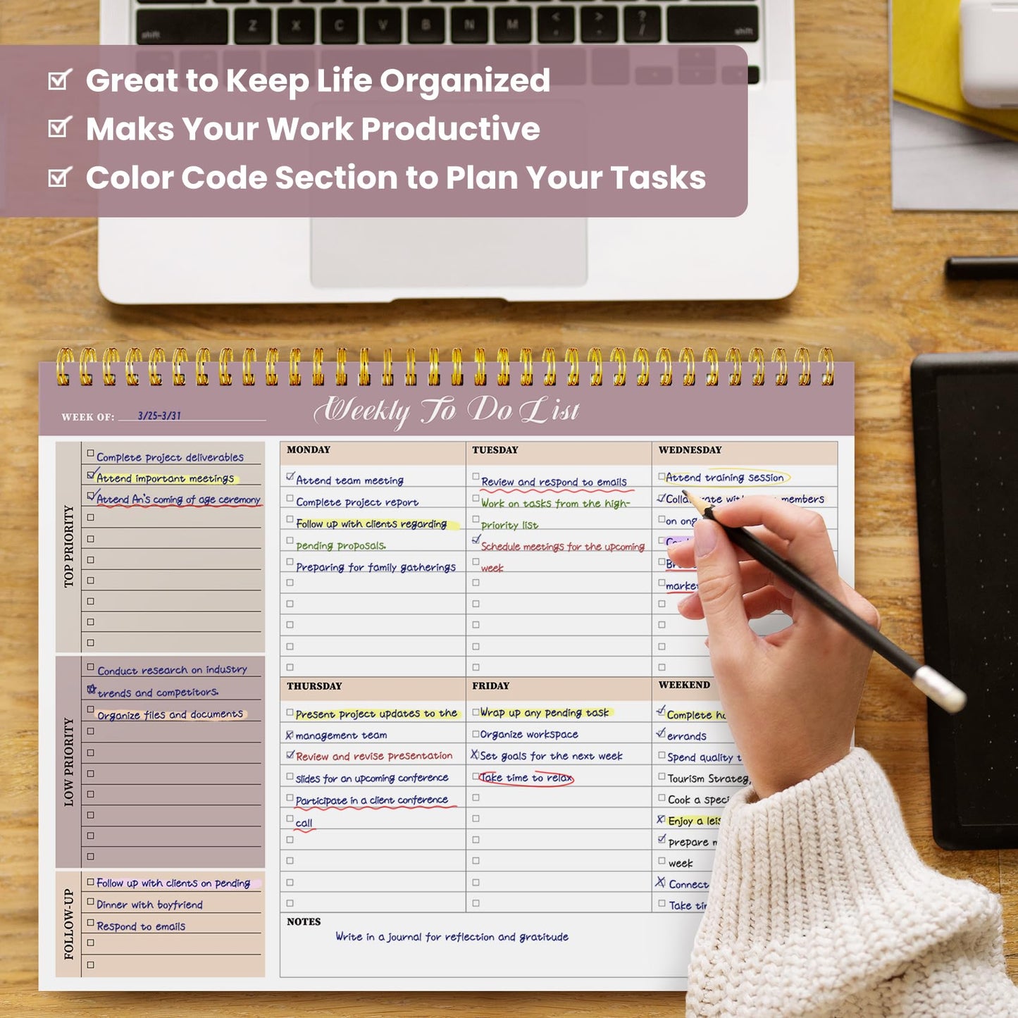 Weekly To Do List Notepad with 52 Undated Sheets(8.5"×11")- Undated Weekly Planner Notepad for Office Desk Accessories and Supplies - Midnight Lilac