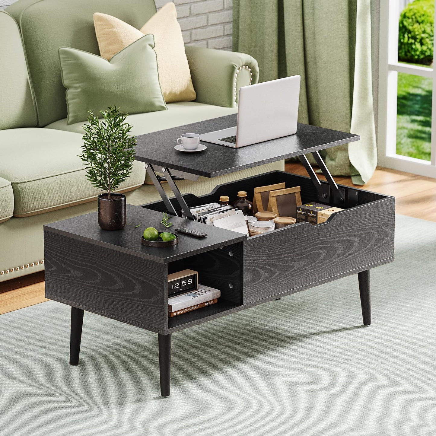 Wood Lift Top Coffee Table with Hidden Compartment and Large Storage Shelf, Lift Tabletop Dining Center Table for Home Living Room Office, Black
