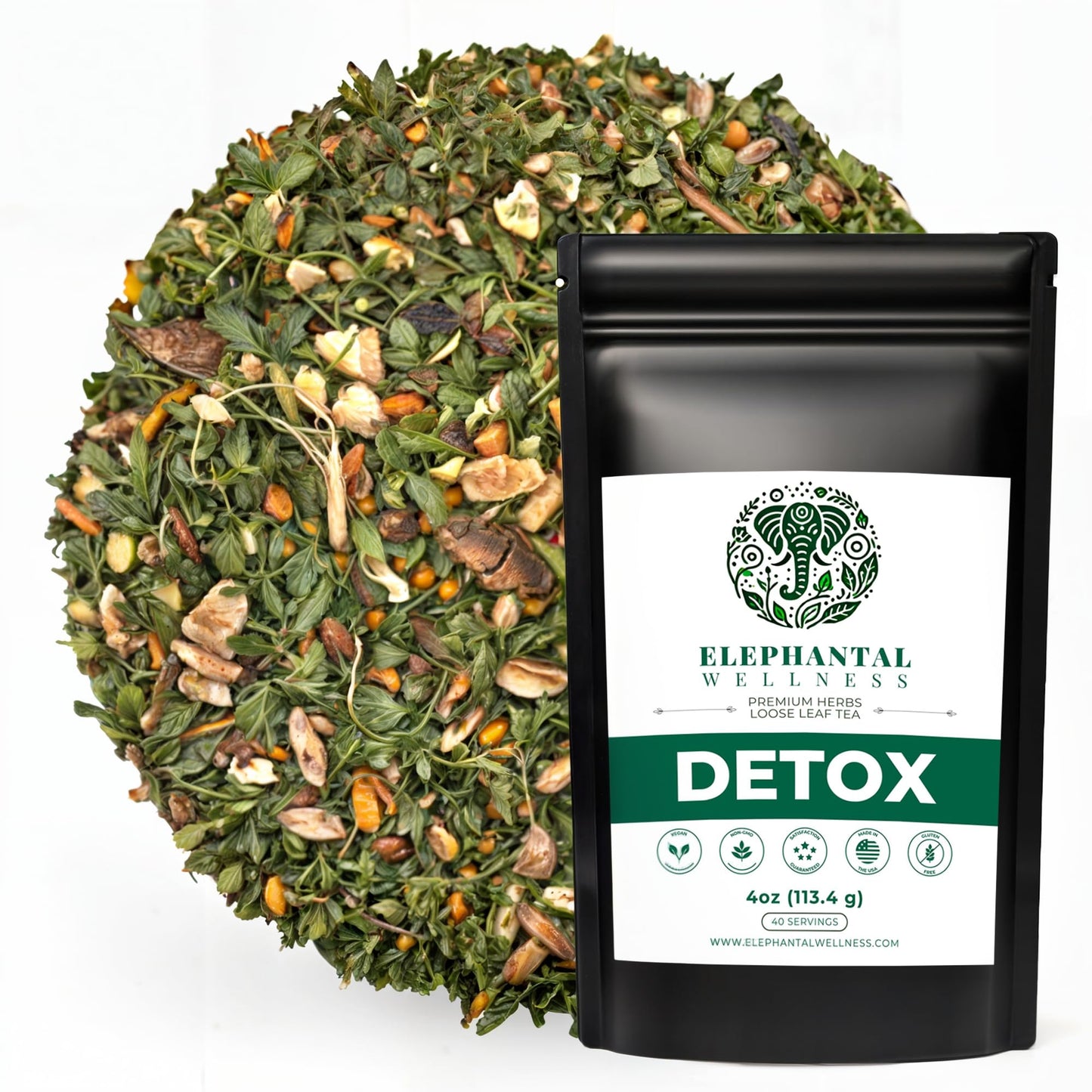 Elephantal Wellness Detox Tea – Loose Leaf Herbal Tea for Liver, Kidney and Blood, Digestion Support with Milk Thistle, Dandelion Root Tea, Ginger, Nettle & Burdock Root - 4oz, 40 Servings