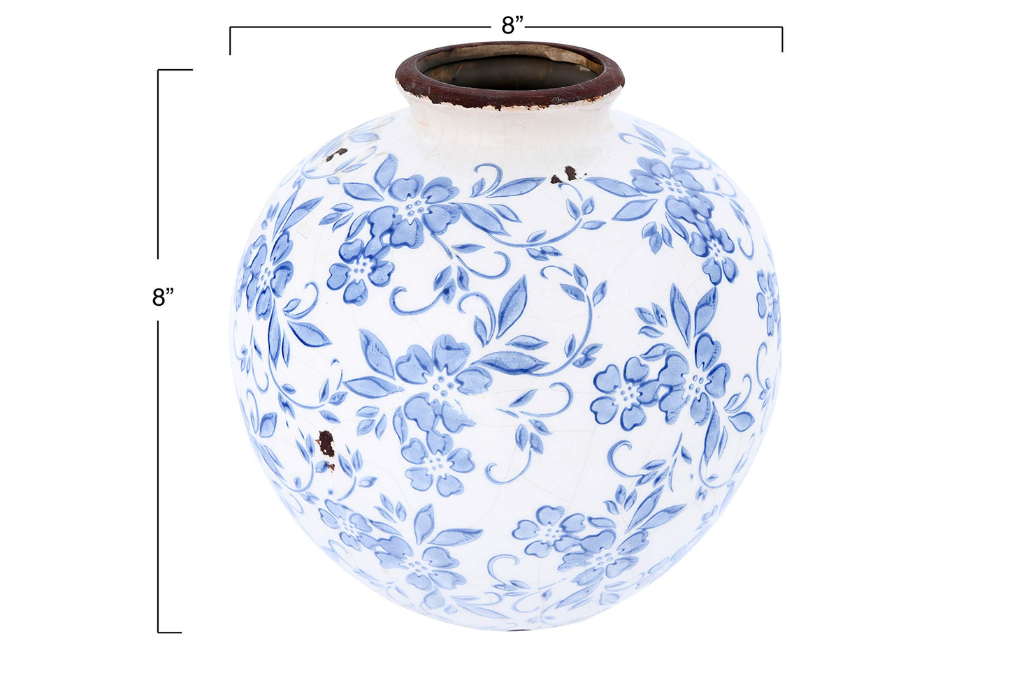 Creative Co-Op DF2720 8" H Terracotta Floral Transferware Pattern & Crackle Finish Vase, Blue