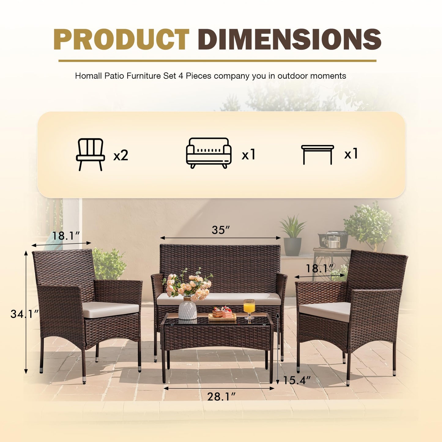 Homall 4 Pieces Outdoor Patio Furniture Sets Rattan Chair Wicker Set, Outdoor Indoor Use Backyard Porch Garden Poolside Balcony Furniture Sets Clearance (Brown and Beige)