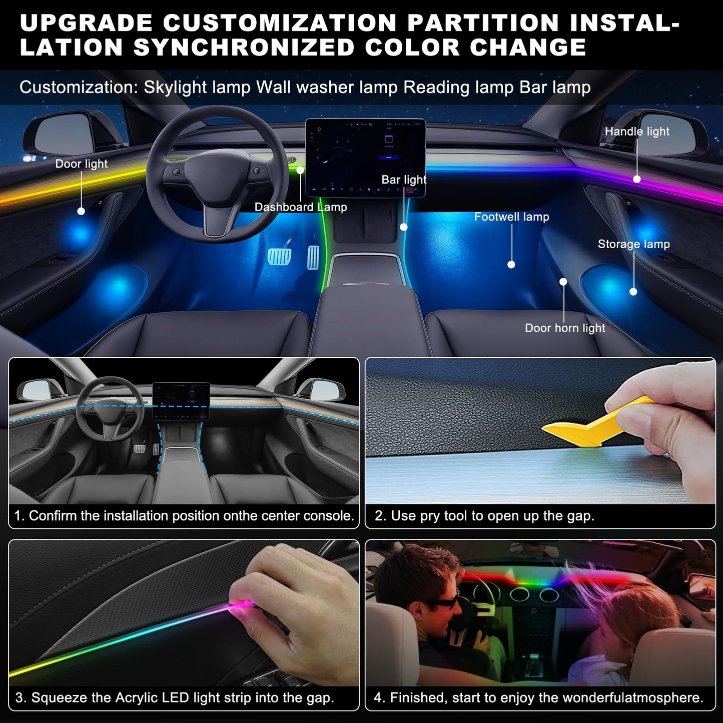 Tesla Model 3/Y/S/X Dreamcolor Acrylic Interior Car LED Strip Light with USB/Type C, 10 in 1 with 175 inches 600 LEDs Tesla Ambient Lighting Kits, Sound Active Function Neon Tesla Accessories