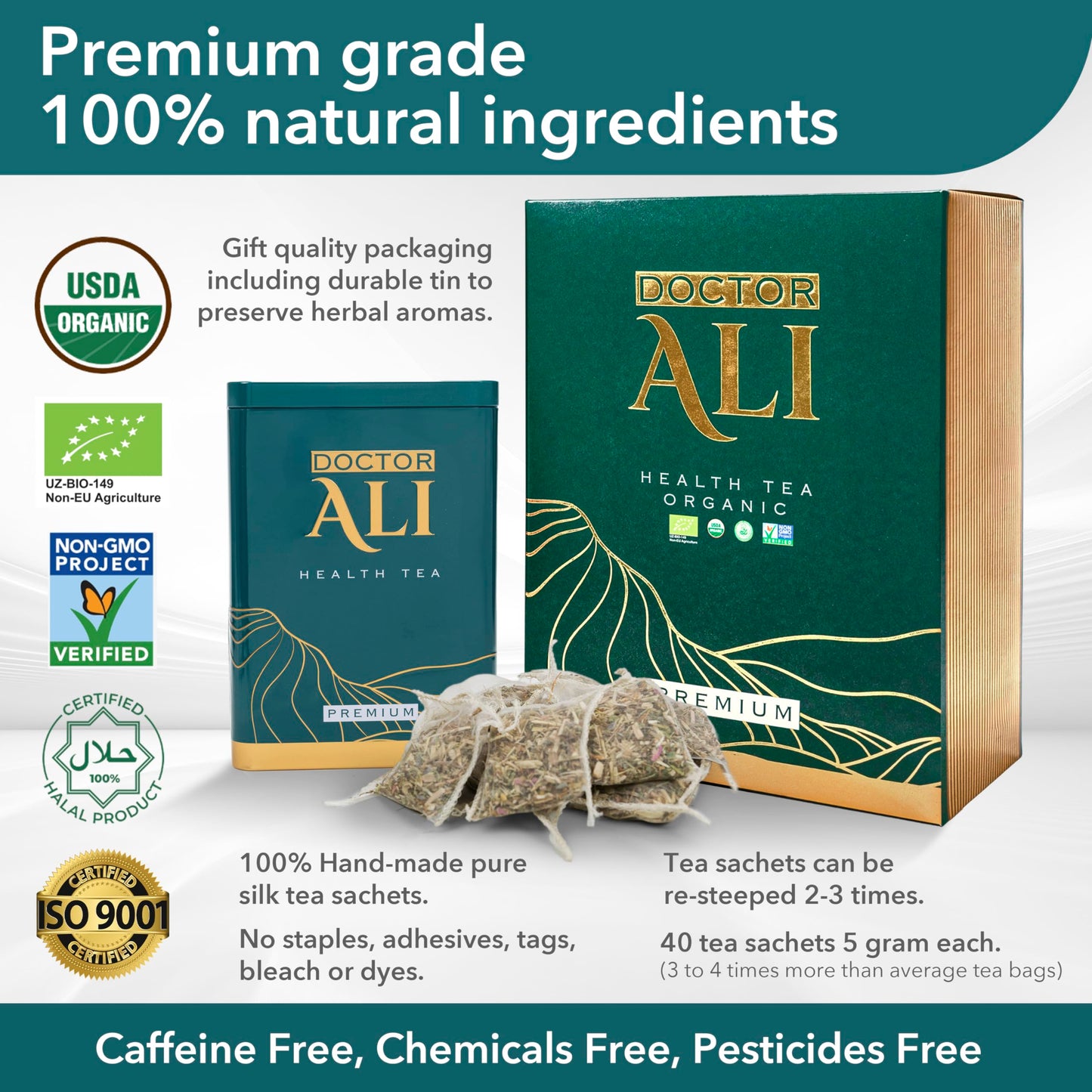 DOCTOR ALI HEALTH TEA - Cleanse & Detox, Kidney & Liver Health, Digestion, Immunity, Sleep Improvement | Premium Grade | 11 Organic Super Herbs for Holistic Wellness | 40 Pure Silk Sachets, 5 gr each