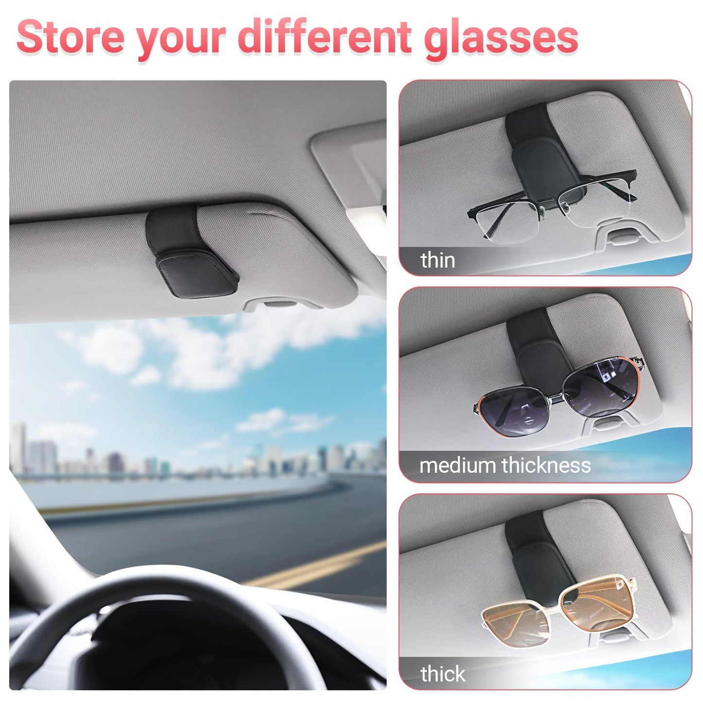 KanSmart Sunglass Holder for Car Sun Visor, Magnetic Sunglasses Clip, Leather Glasses Eyeglass Holder and Ticket Card Clip, Auto Interior Accessories Universal for Car SUV Truck Pickup -Black