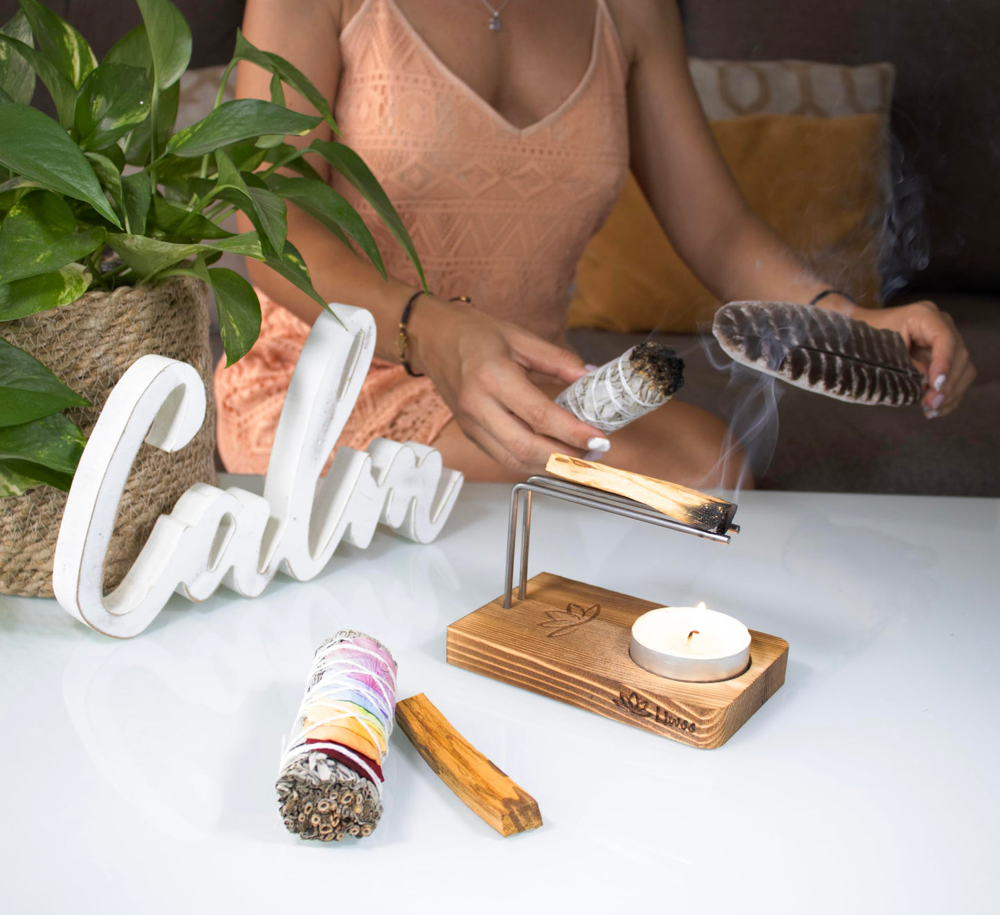Sage Smudge Kit with White Sage and 7 Chakra Smudging Sticks, 2 Palo Santo, Natural Wood Holder Burner, Feather, Smudging Guide, Perfect Spiritual Cleansing Gift in Gift Box