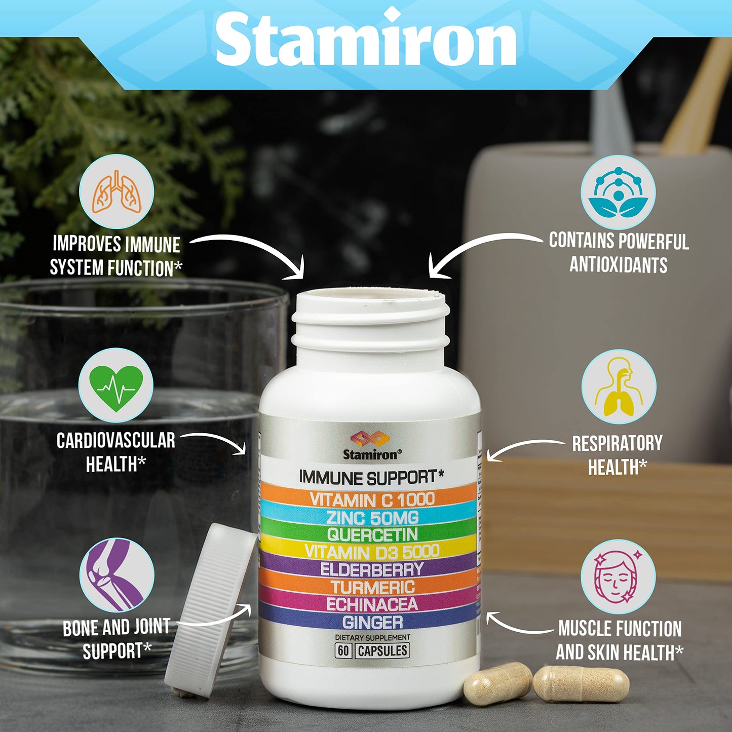 8 in 1 Immune Support with Quercetin Zinc 50mg Vitamin C 1000mg Vitamin D3 5000 IU and Elderberry Echinacea Ginger for Adults Kids - VIT D Supplement Veg Capsules