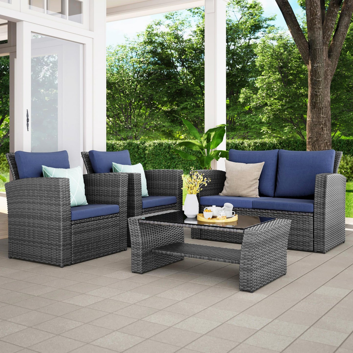 Wisteria Lane 4 Piece Outdoor Patio Furniture Sets, Wicker Conversation Set for Porch Deck, Grey Rattan Sofa Chair with Cushion (Blue