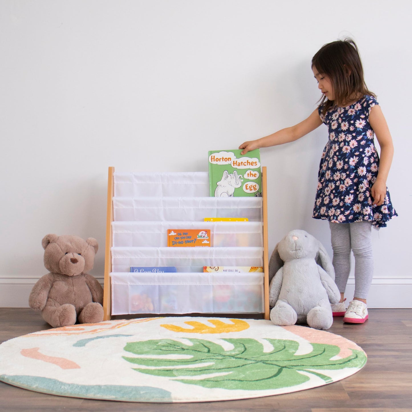 Humble Crew 4-Tier Kids Bookshelf, Natural Wood/White - Premium Book Shelf for Kids Rooms with Four Deep Pockets - Toddler Sling Book Rack with Deep Sleeves, Nursery Bookcase Organizer