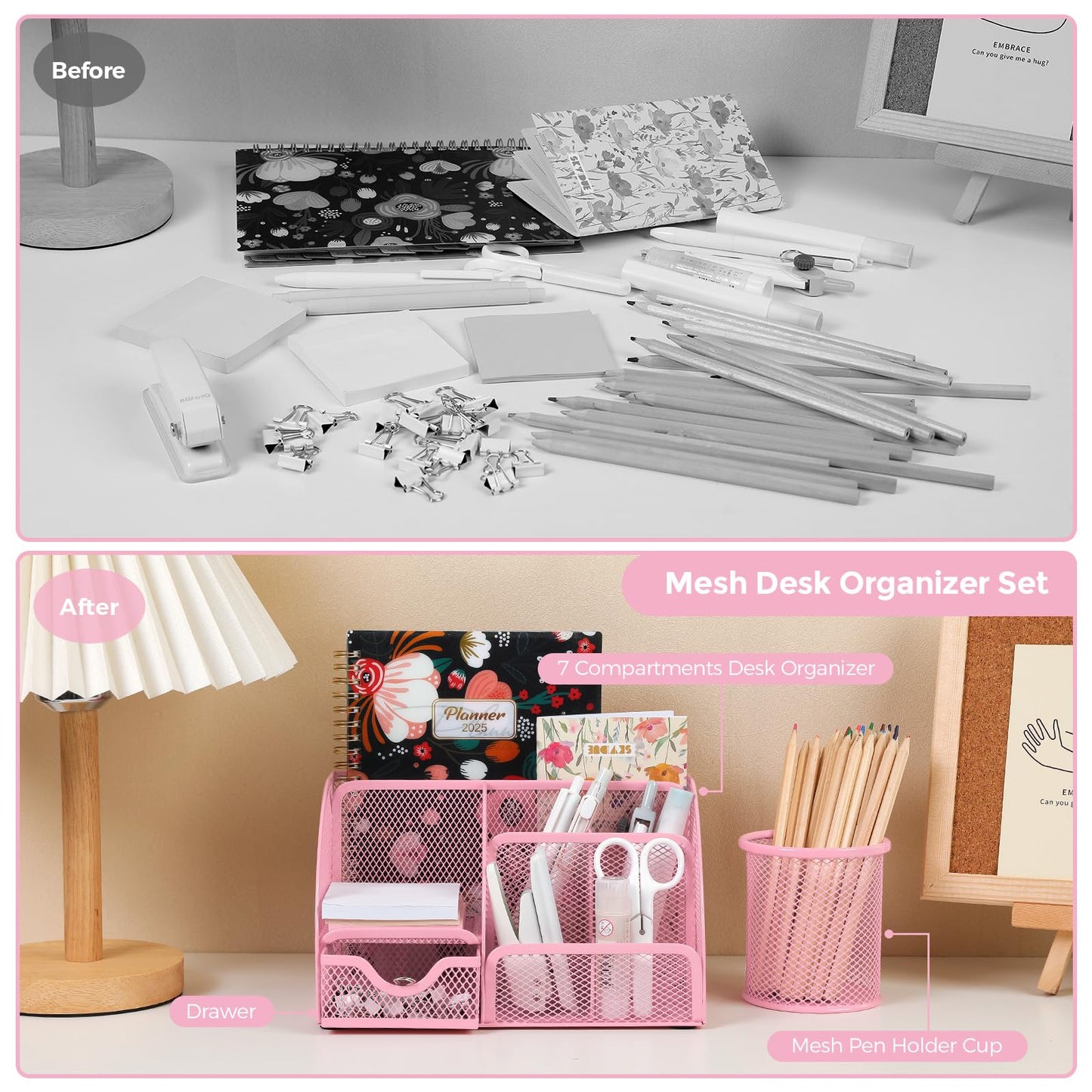 SKYDUE Pink Desk Accessories, Pink Office Supplies Set, Mesh Desk Organizer, Stapler, Tape Dispenser, Scissors, Binder/Paper Clips and 1000pcs Staples,Pink Desk Organizer for Women