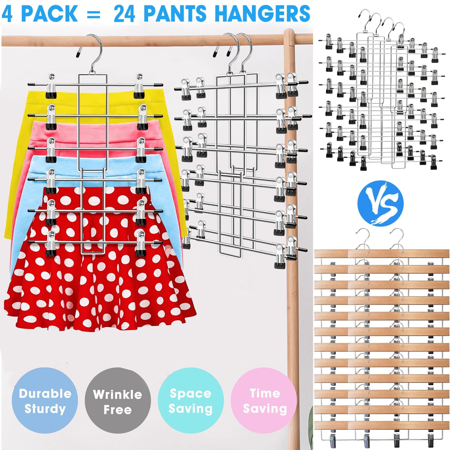 4 Pack Closet-Organizers-and-Storage, Metal Closet-Organizer-Pants-Hangers-Space-Saving, 6 Tier Organization and Storage Short Skirt Hangers Clip, Dorm Room Essentials for College Students Girls Boys