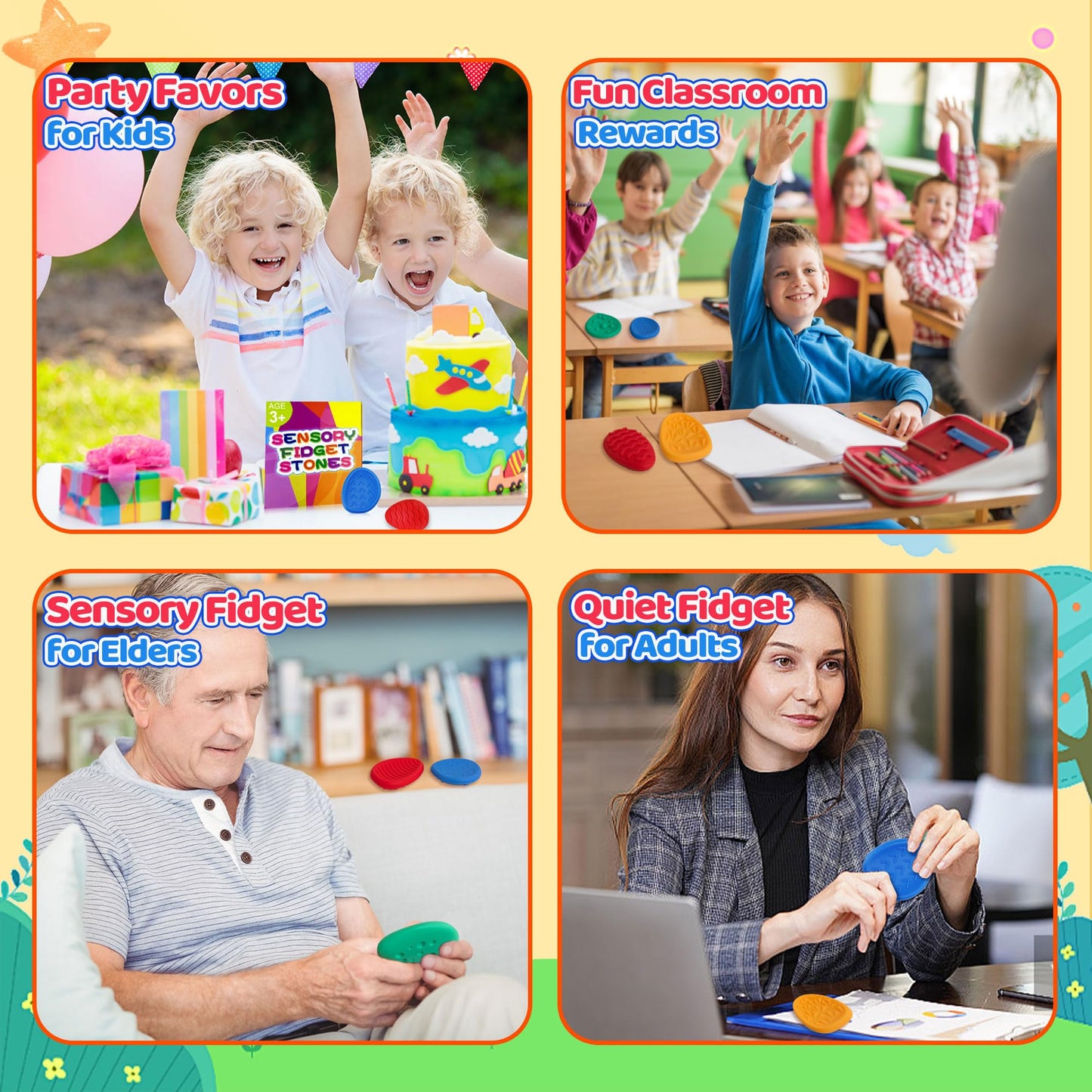Fidget Sensory Toys for Kids Adults 6 PC Easter Basket Stuffers Silicone Worry Stone for Autism ADHD Teens Silent Calm Down Toy Quiet Fidgets Stress Items Anxiety Relief Gift for Classroom Prizes
