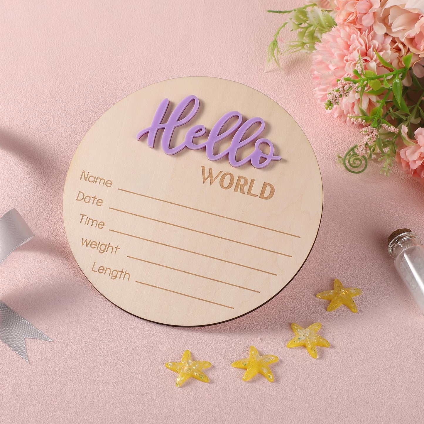 Newborn Announcement Sign, 5.9in Wooden Hello World Sign Baby Welcome Sign Birth Baby Name Plaques for Newborn Boys and Girls Photo Props Baby Shower Hospital Nursery (Light Purple)