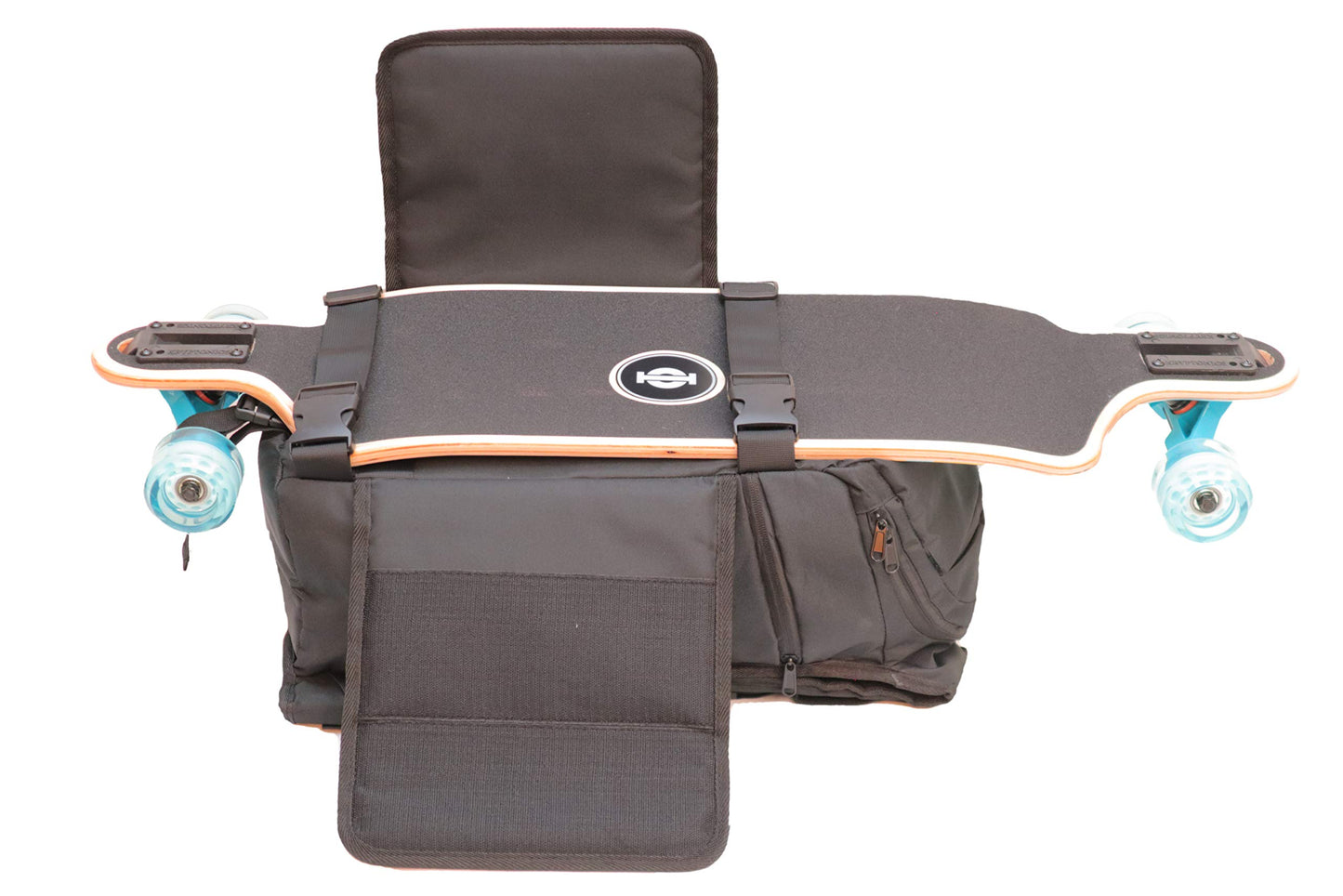 GoRide Electric Skateboard or Regular Skateboard Longboard Backpack Bag Carrier for Any Size Board with Laptop Case for Commuting, Work, or College Tech (Black)