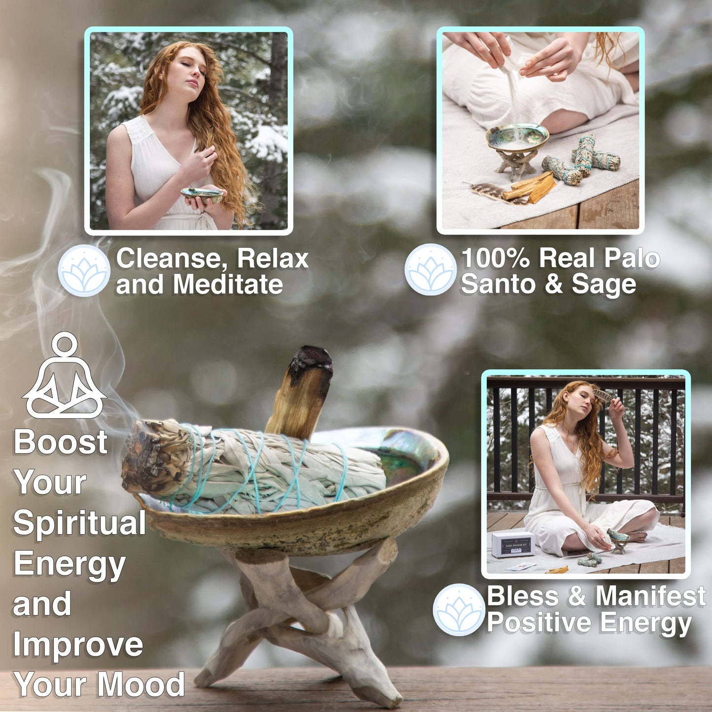 White Sage & Palo Santo Smudge Kit | Smudging Kit with Sage Smudge Sticks ~ Palo Santo ~ White Sand ~ Abalone Shell ~ Stand ~ Smudging Feather | Salvia Blanca para Limpiar Sustainably Sourced
