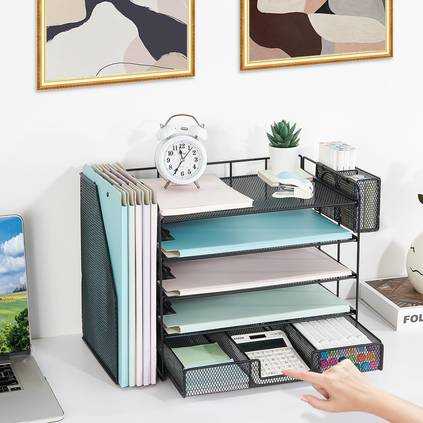 Youbetia Paper Tray Organizer with Mesh File Holder, 5 Tier Desk Accessories & Workspace Desk Organizers with Pen Holder, Office Desk Accessories Desktop Organization for Office Supplies (Black)
