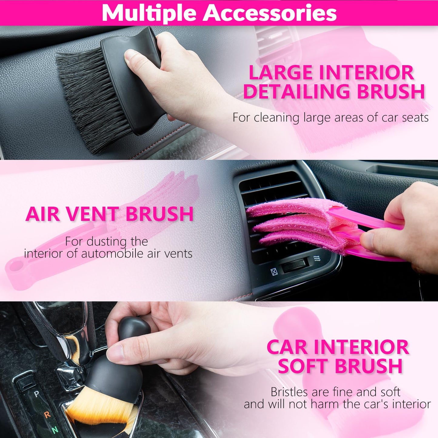 ThinkLearn Car Cleaning Kit, Car Vacuum Detailing Kit Interior with High Power Handheld Vacuum and 7Pcs Detailing Brush Set, Well-Designed Women's Pink Car Accessories Bag