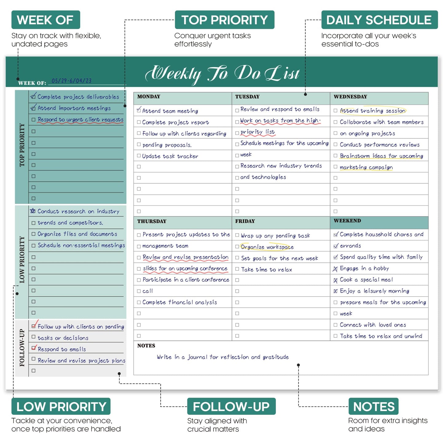 Weekly To Do List Notepad with 52 Tear Off Sheets(8.5"×11")- Undated Weekly Desk Planner for Women & Man,Work and Home-Greenery Sway