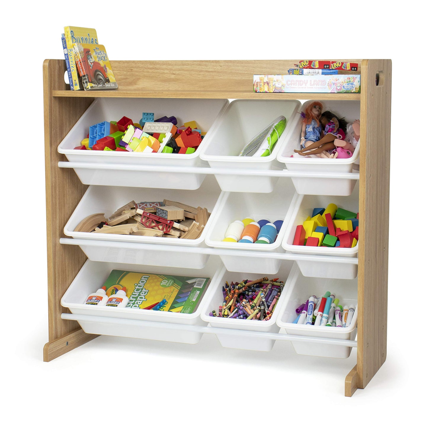 Humble Crew Toy Storage Organizer with Top Shelf and 9 Removable Bins, Natural/White – Toddler Bookshelf with Toy Organizer - Modern Toy Rack Ideal for Kids' Rooms, Playrooms, and Nurseries