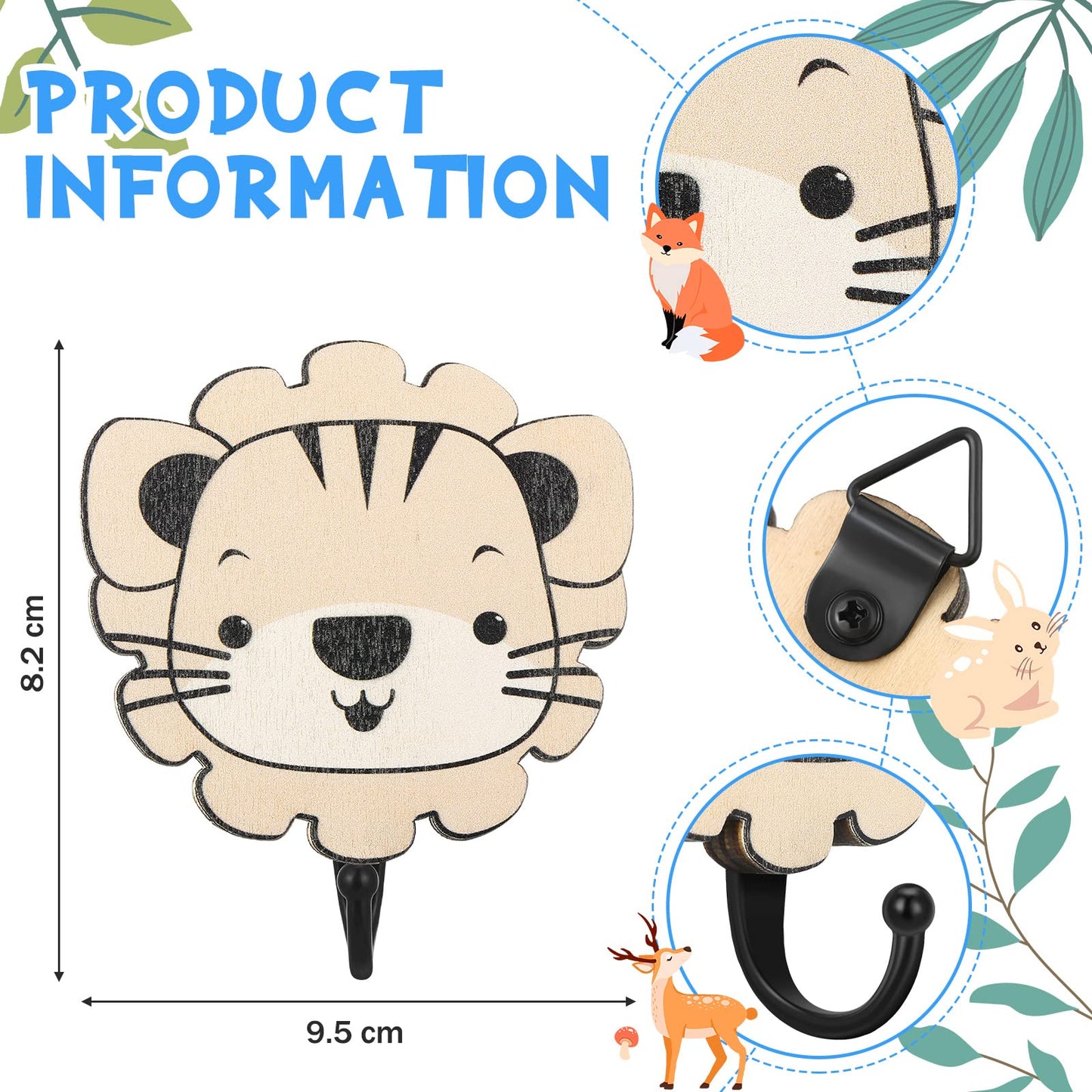Qunclay 4 Pcs Decorative Wall Hooks Kids Wooden Baby Nursery Hooks Cute Safari Animal Construction Vehicle Towel Hanger for Childs Nursery Bathroom Bedroom Home Decor(Safari Animal)