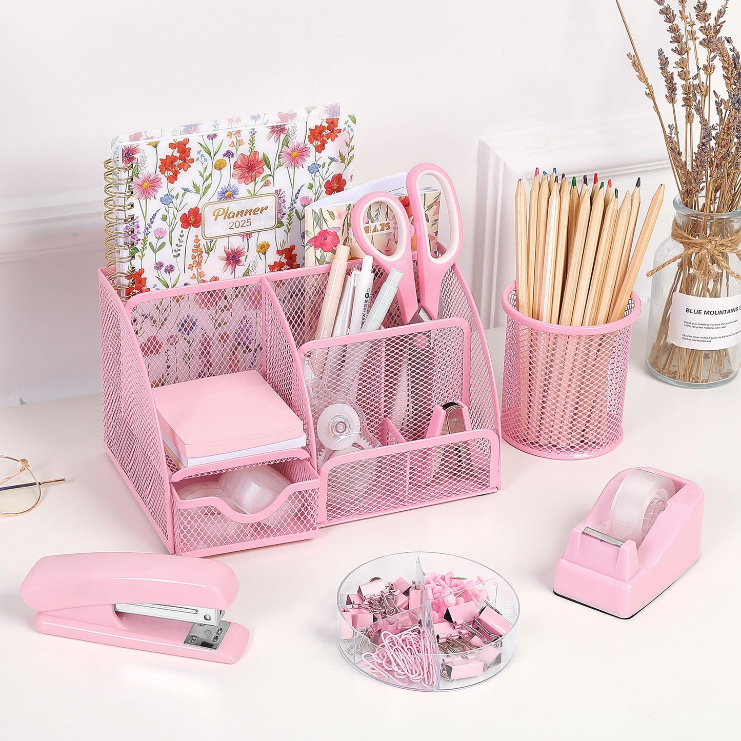 SKYDUE Pink Desk Accessories, Pink Office Supplies Set, Mesh Desk Organizer, Stapler, Tape Dispenser, Scissors, Binder/Paper Clips and 1000pcs Staples,Pink Desk Organizer for Women