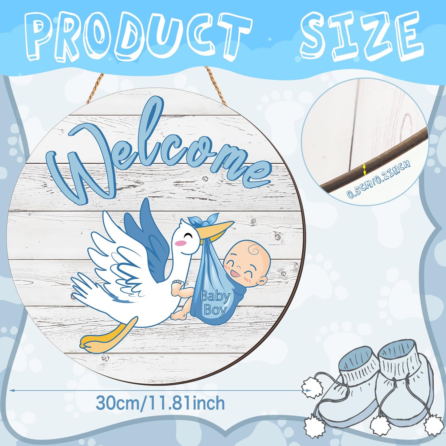 Chunful Baby Boy Door Sign Gender Reveal Welcome Sign Hanging Wreath Round Rustic Wood Farmhouse Decorations Holiday Front Door Decor for Baby Shower Porch Party Supplies