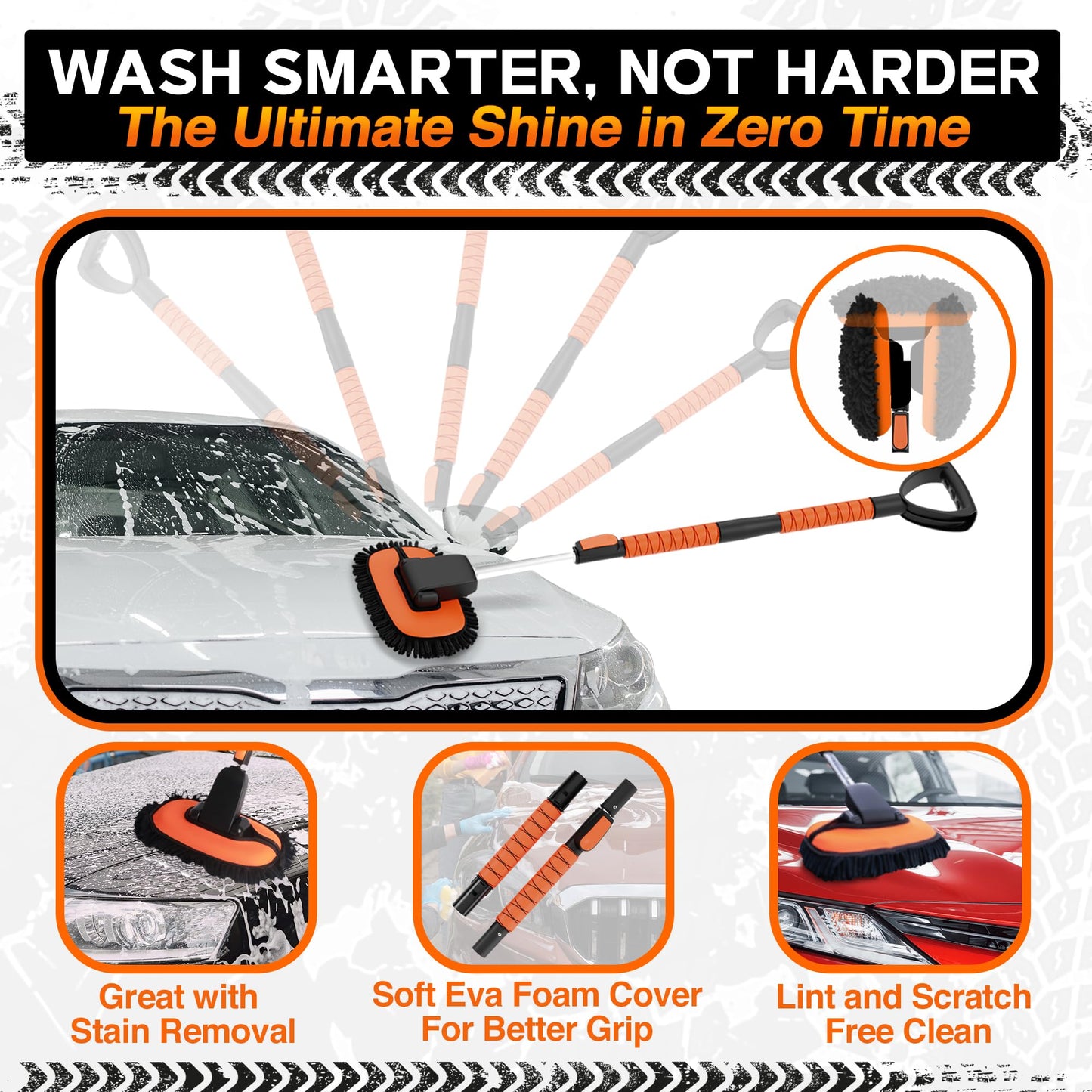 RoofPax Premium Car Wash Kit with 48.8" Extendable Telescoping Handle Chenille Microfiber Car Brush Wash Mop Mitt Scratch-Free Duster Exterior Magic Sponge & Cleaning Kit for All Vehicles