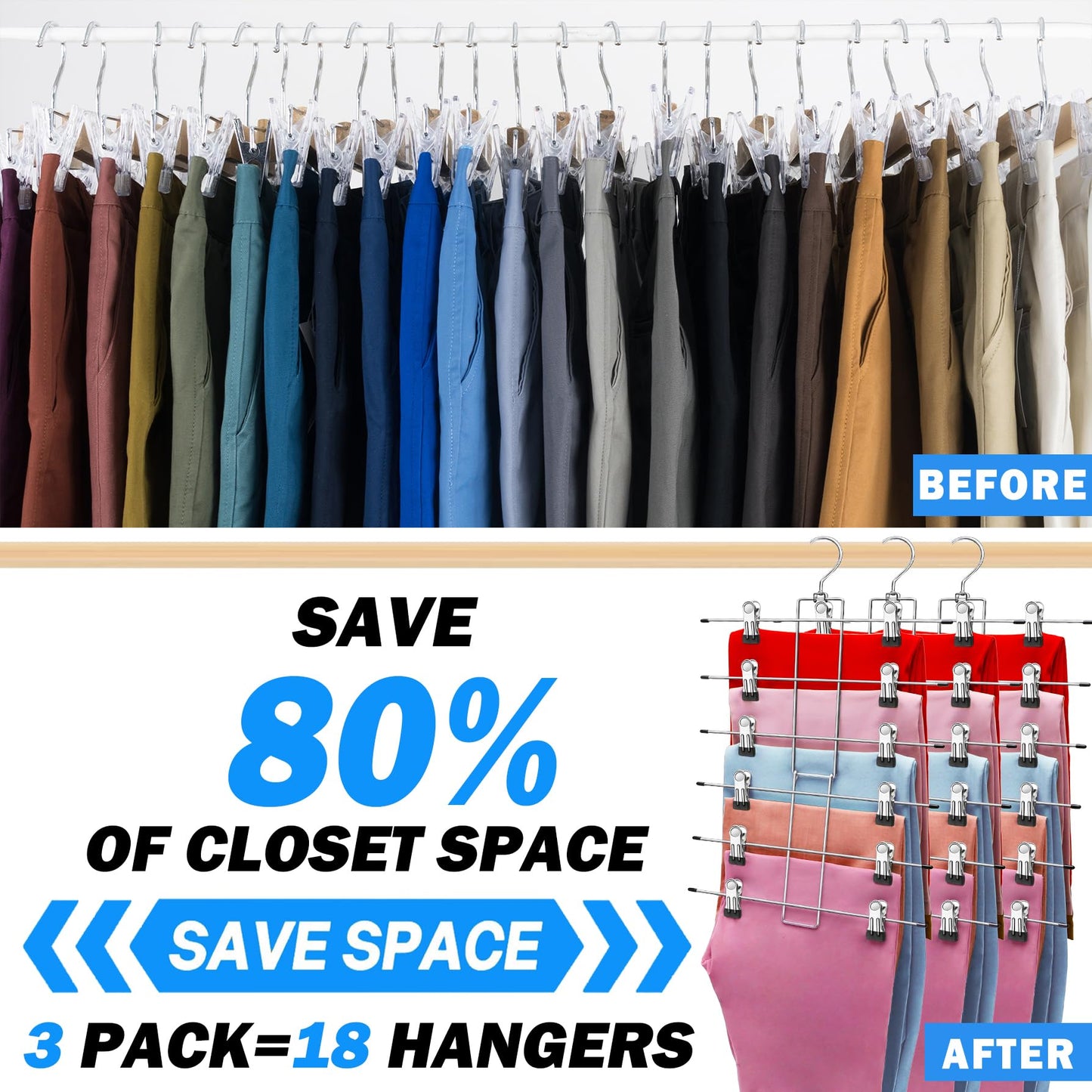 4 Pack Closet-Organizers-and-Storage, Metal Closet-Organizer-Pants-Hangers-Space-Saving, 6 Tier Organization and Storage Short Skirt Hangers Clip, Dorm Room Essentials for College Students Girls Boys