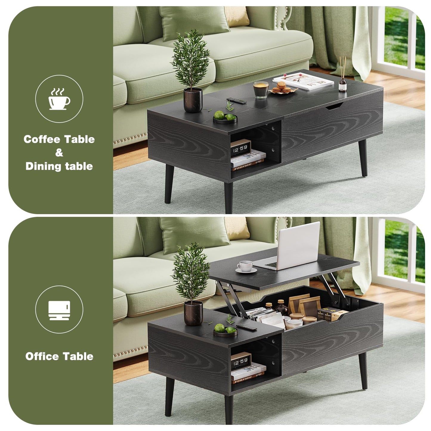 Wood Lift Top Coffee Table with Hidden Compartment and Large Storage Shelf, Lift Tabletop Dining Center Table for Home Living Room Office, Black