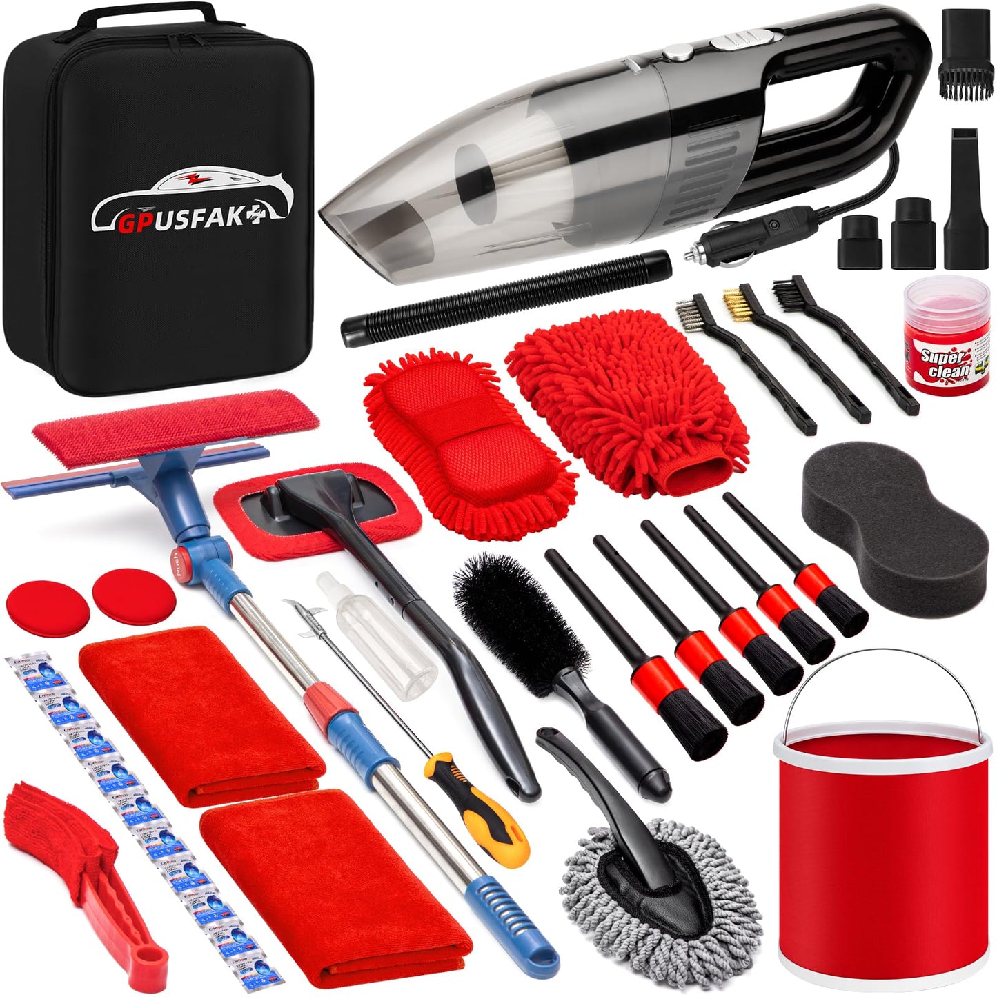 GPUSFAK 41Pcs Car Wash Cleaning Kit with High Power Handheld Vacuum Windshield Cleaning Tool Collapsible Bucket Detailing Brushes Tire Brush Towels Complete Detailing Set for Car