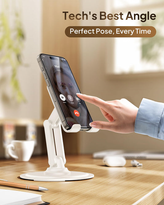 Cooper 360° Stand, Rotating Cell Phone Stand for Desk | Sturdy Metal Base, Foldable, Portable | Cell Phone Holder for Desk (Cream White)